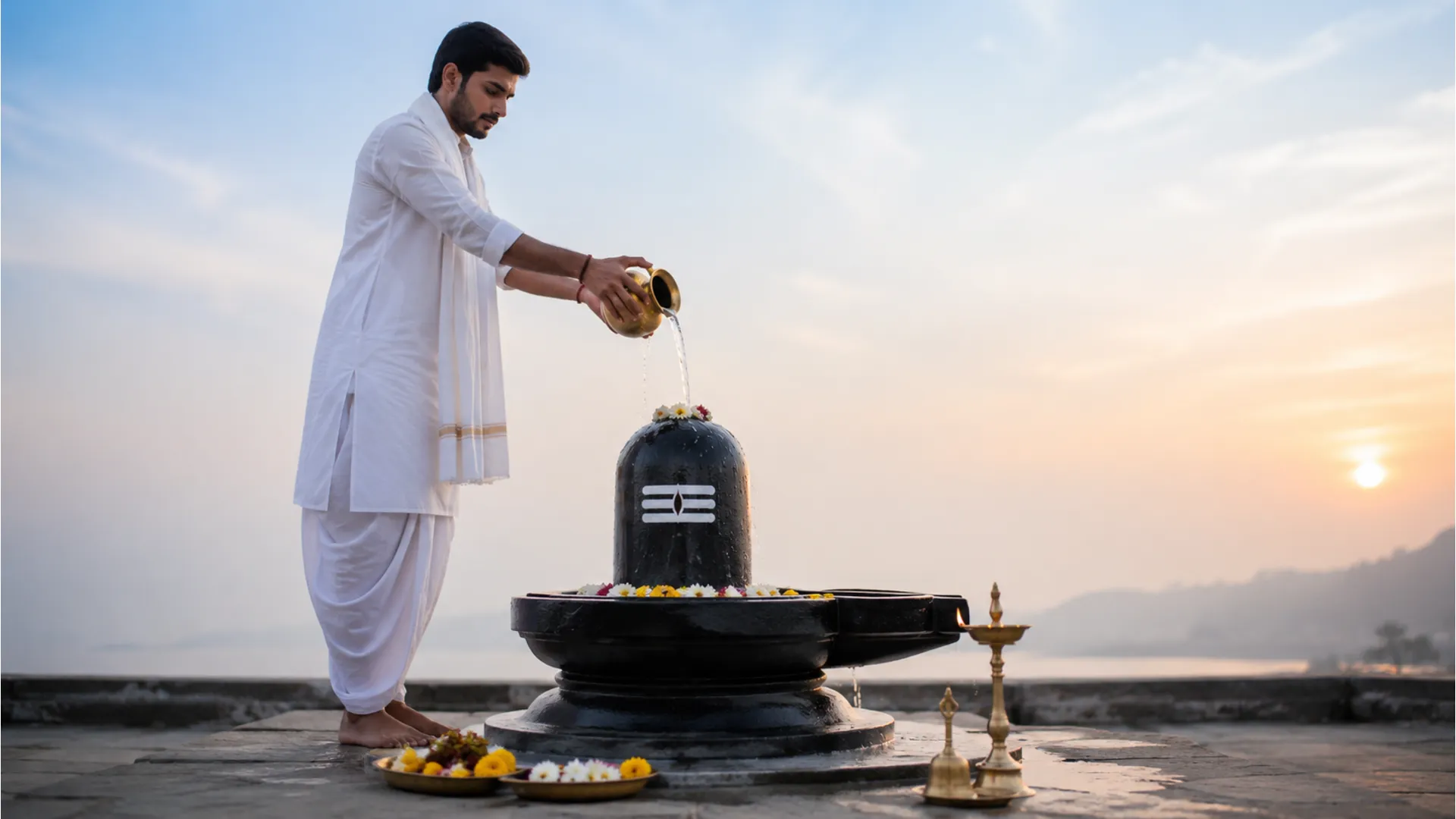 Devotee standing beside a Shiva Lingam while performing a ritual offering.