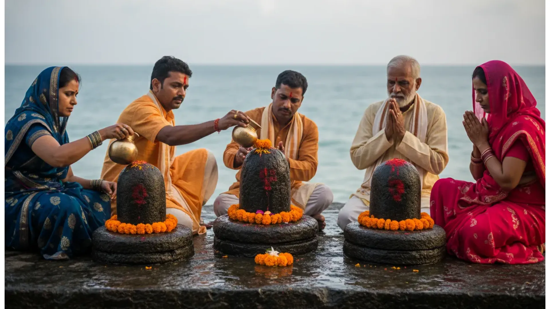 Devotees offering water and flowers to the five Swayambhu Shiva Lingas at Nishkalank Mahadev Temple.