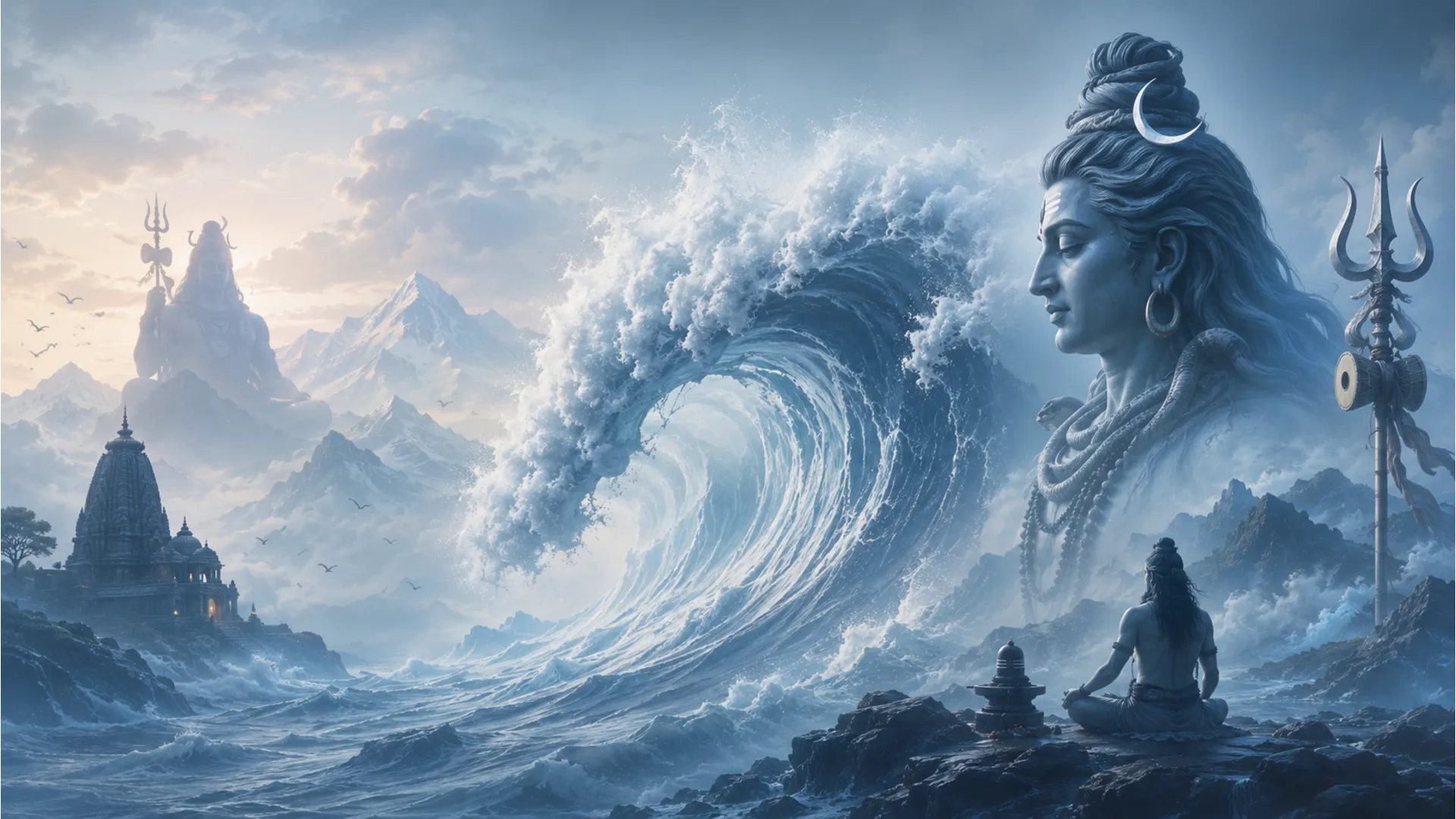 Devotional artwork showing ocean waves, mountain mist, and Shiva-related figures with a calm spiritual mood