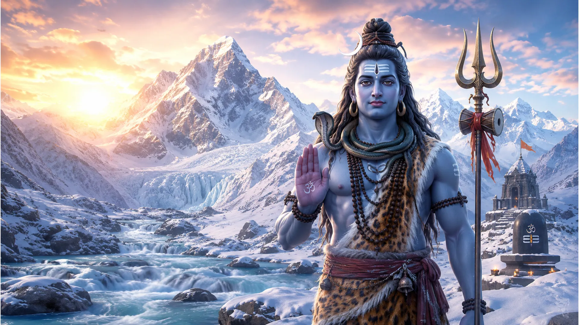 Divine blessing posture of Lord Shiva with a trident beside him in snowy mountains