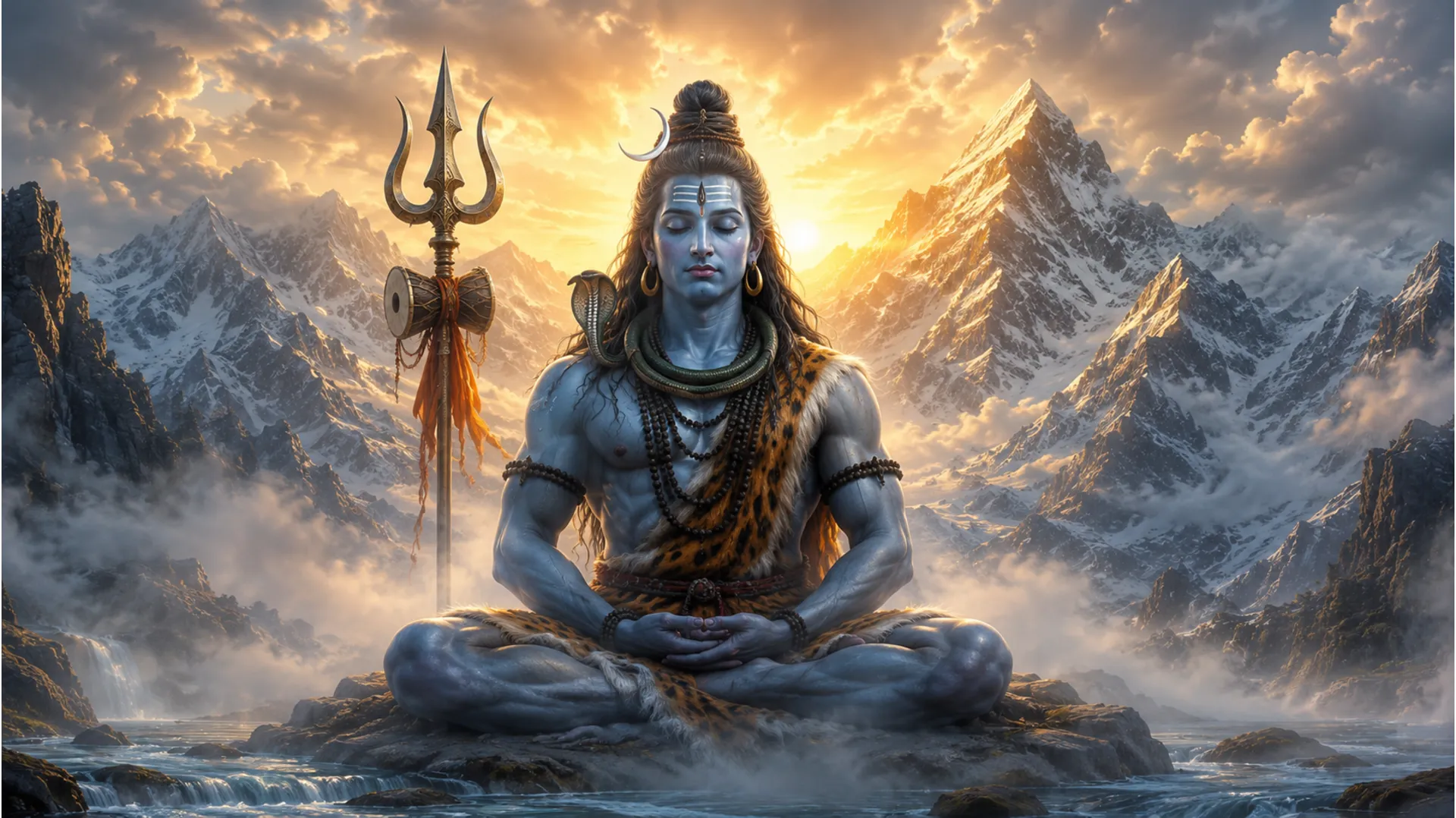 Divine form of Lord Shiva with a trident in morning mist and snow mountains