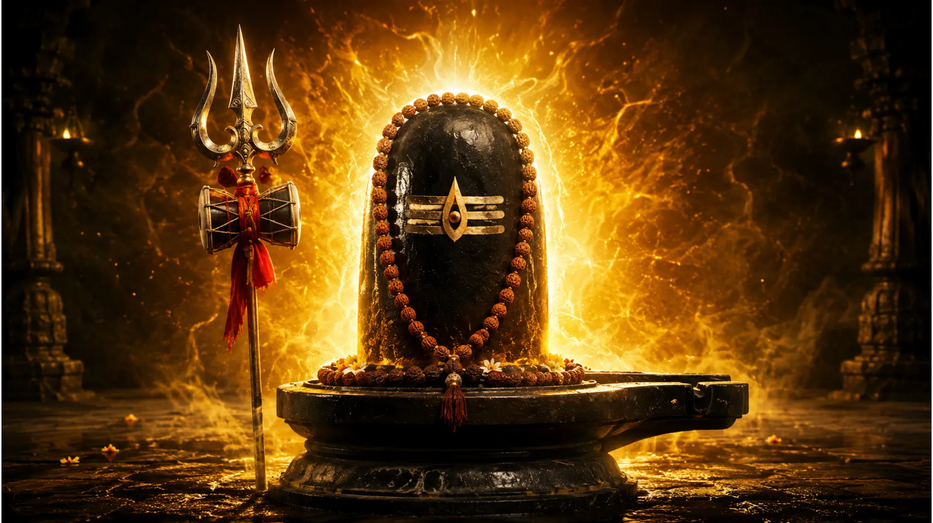 Black stone Shiva lingam adorned with a authentic rudraksha mala and a glowing golden aura.