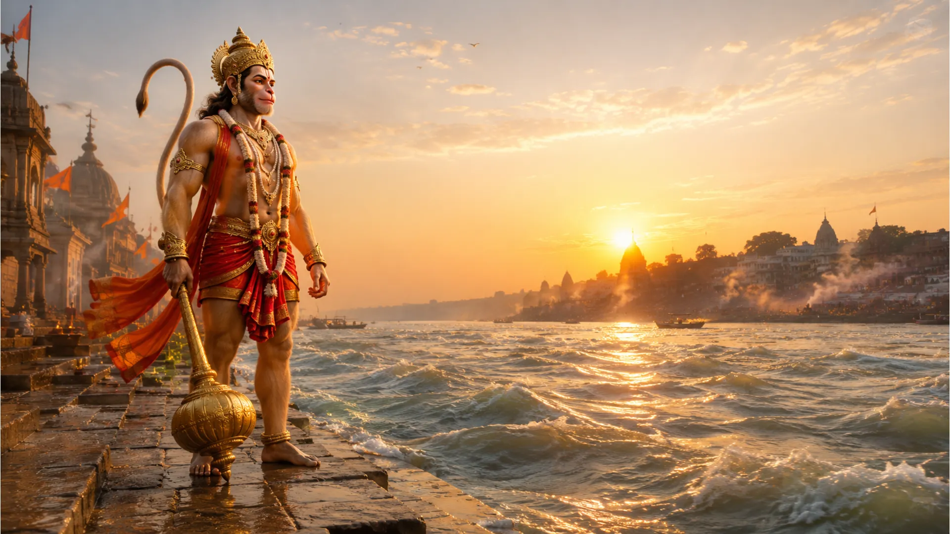 Calm Lord Hanuman holding a mace standing near a flowing river bank during a golden sunrise.