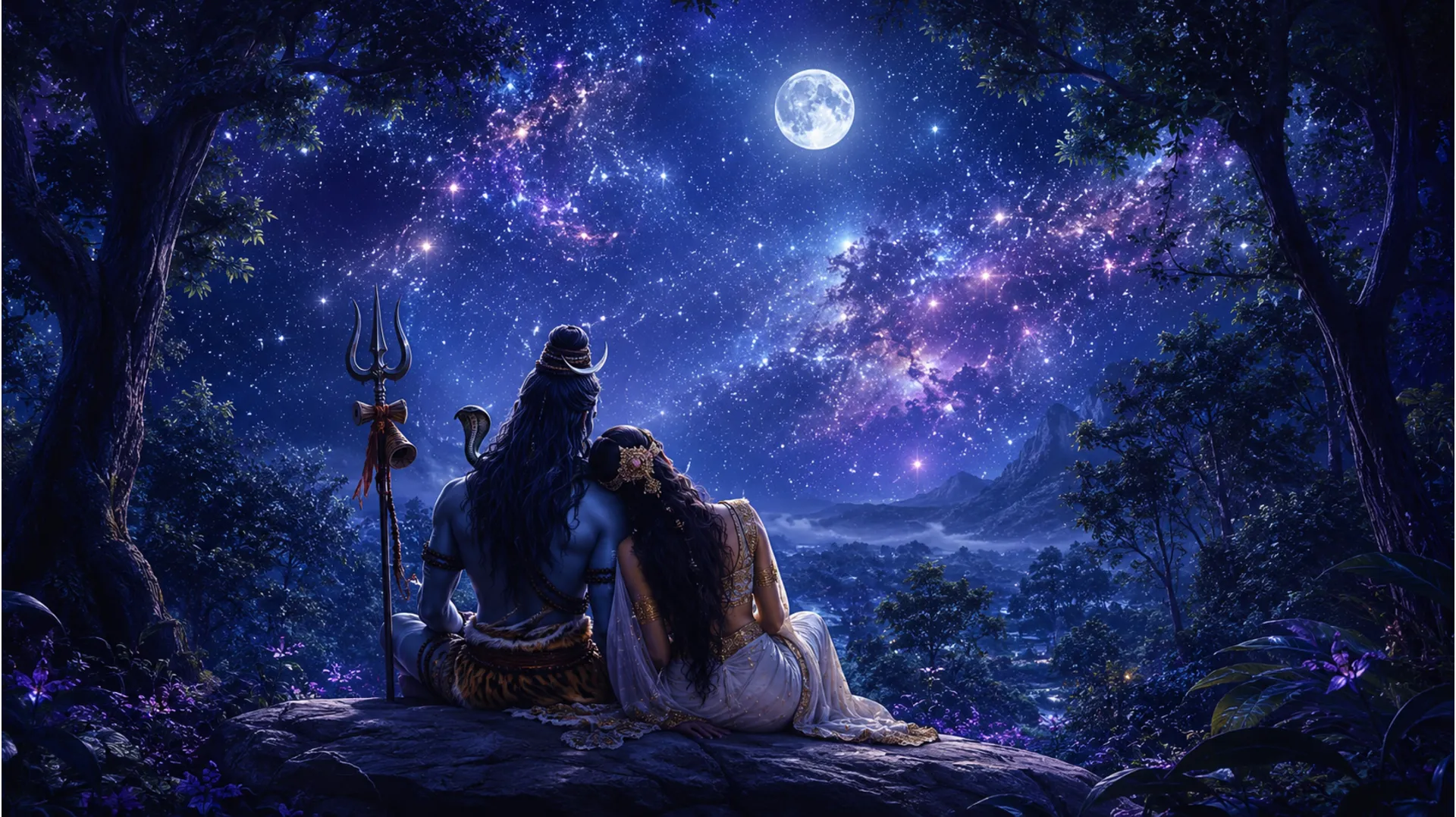 Shiva and Parvati sitting in a dark vibrant forest looking up at a starry cosmic sky