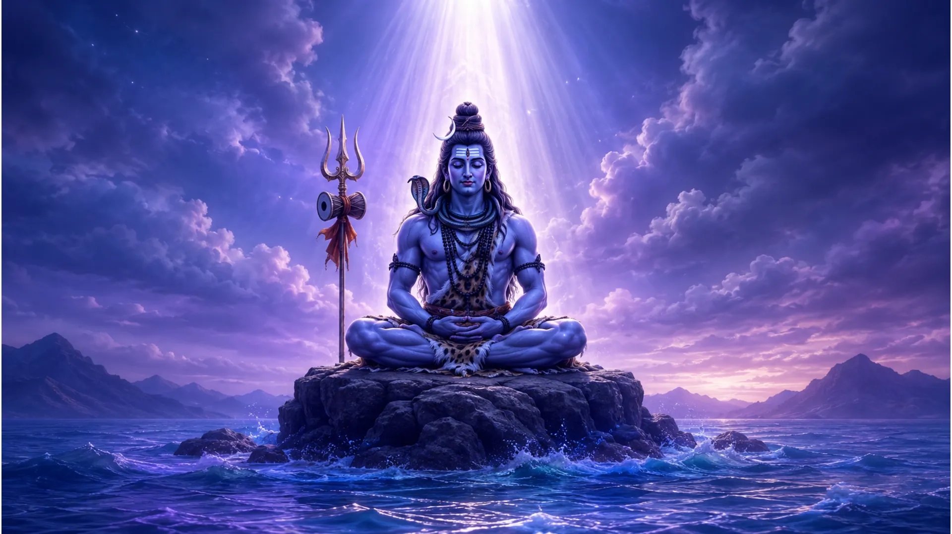 Lord Shiva seated on a rock emerging from the ocean with glowing light above him.