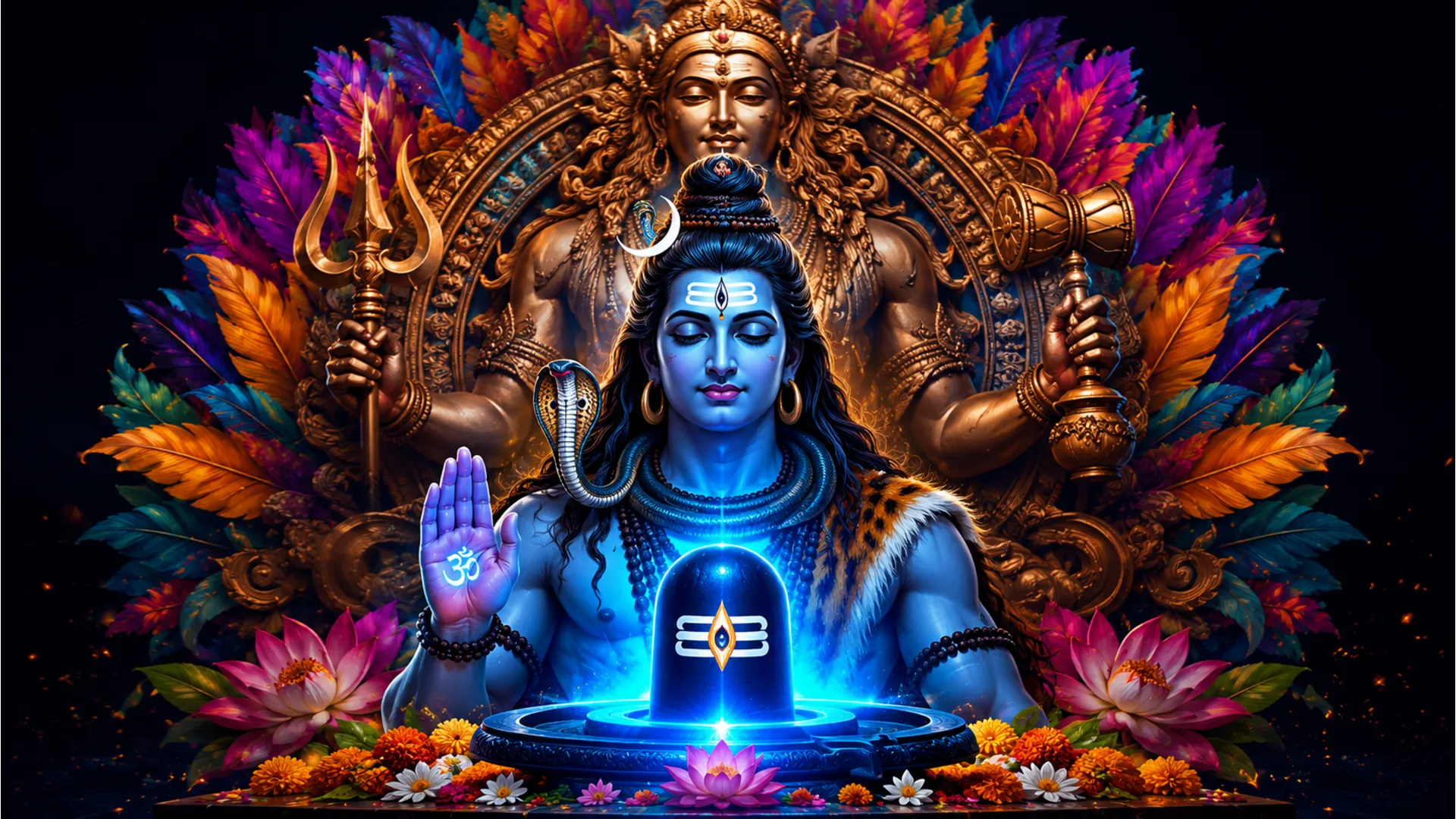 A devotional artwork showing Lord Shiva with a glowing lingam in front and a bronze deity figure behind, surrounded by colorful feather-like patterns.