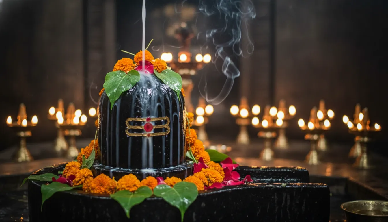 Beautiful HD photo of a stone Shiva Lingam with water and milk abhishekam in a temple