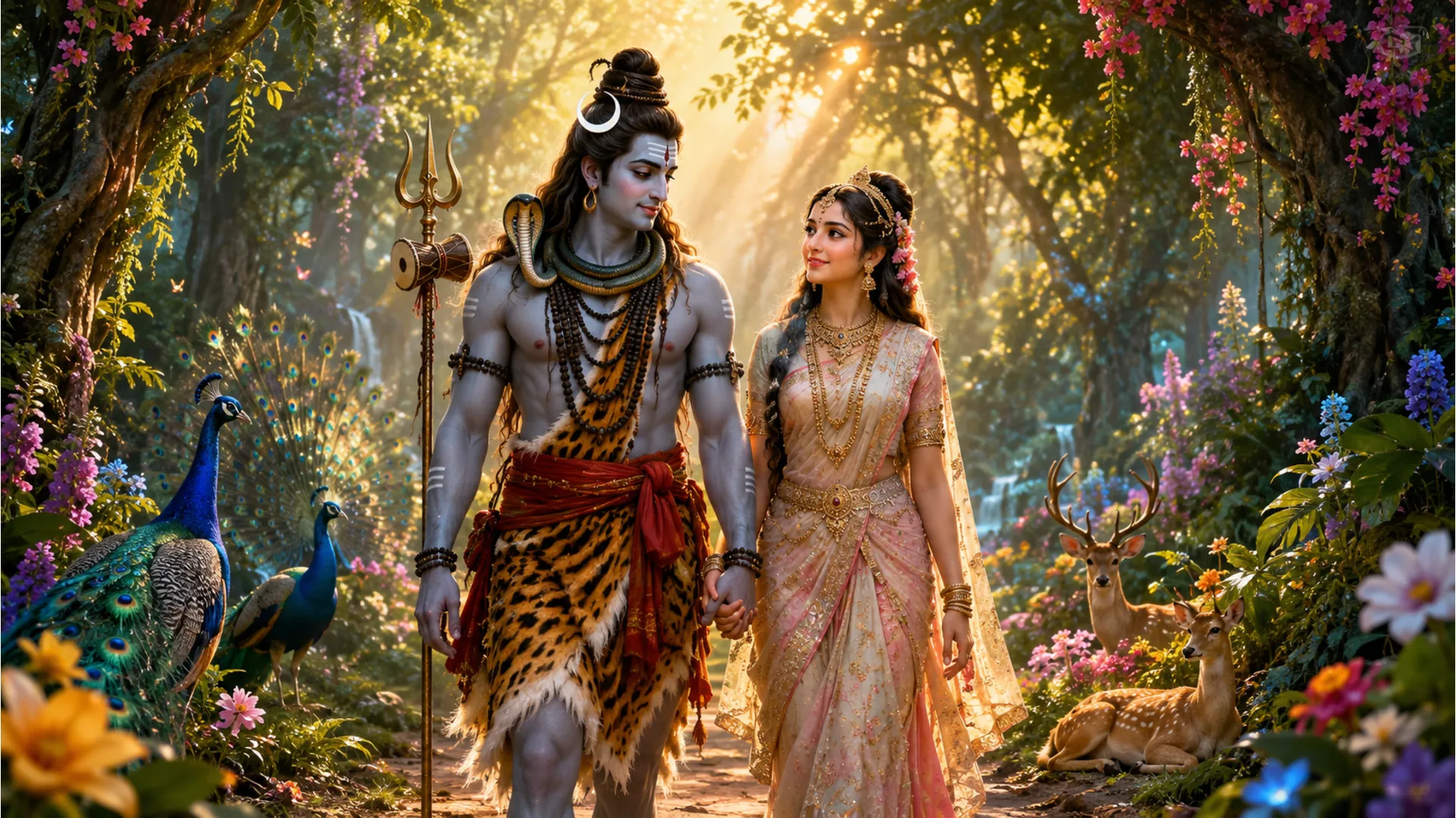 Lord Shiva holding Goddess Parvati’s hand while walking through a magical, blooming forest.
