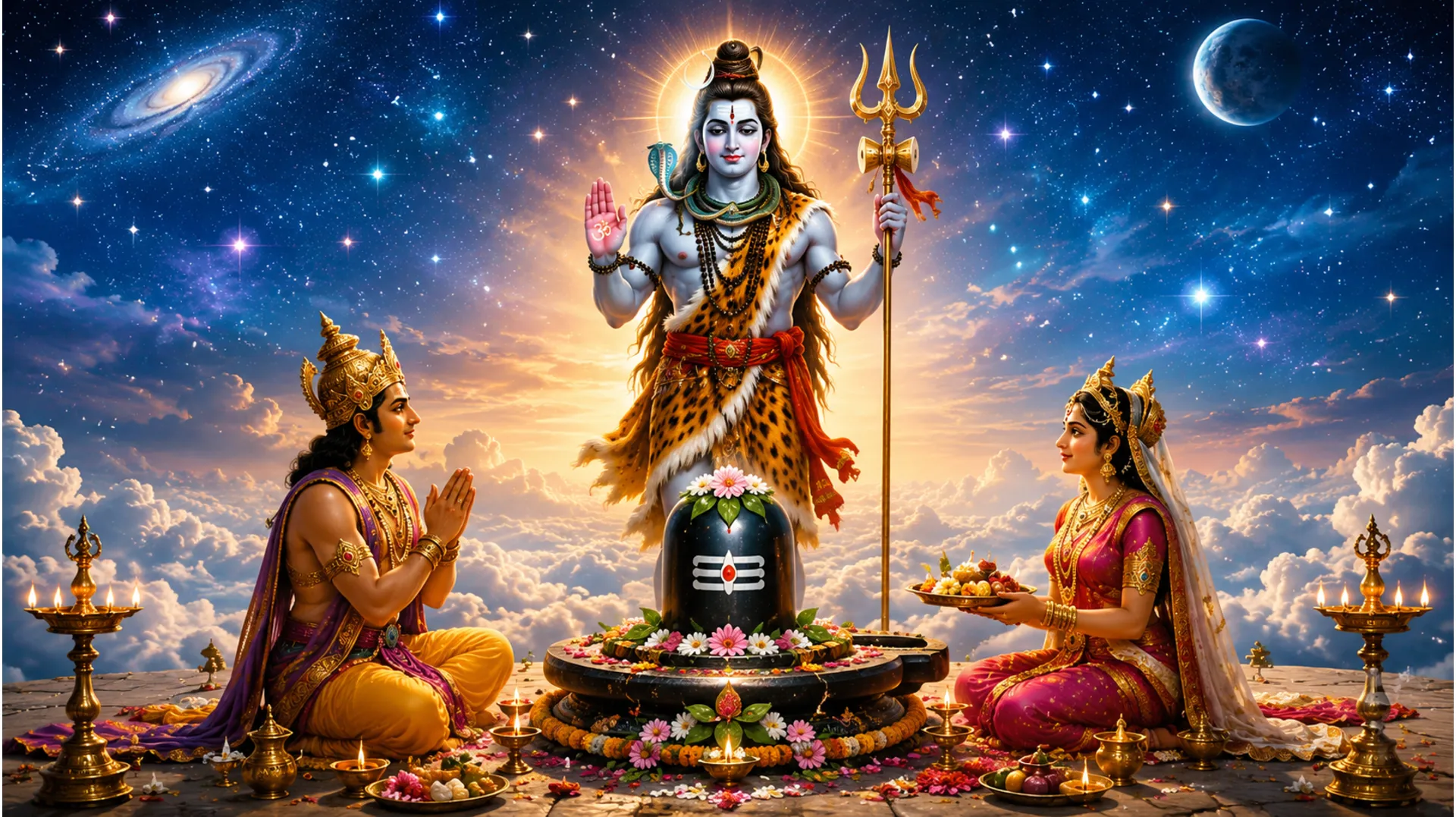 A divine scene shows Lord Shiva above a Shiva Lingam while two royal devotional figures offer worship in a starry celestial setting.