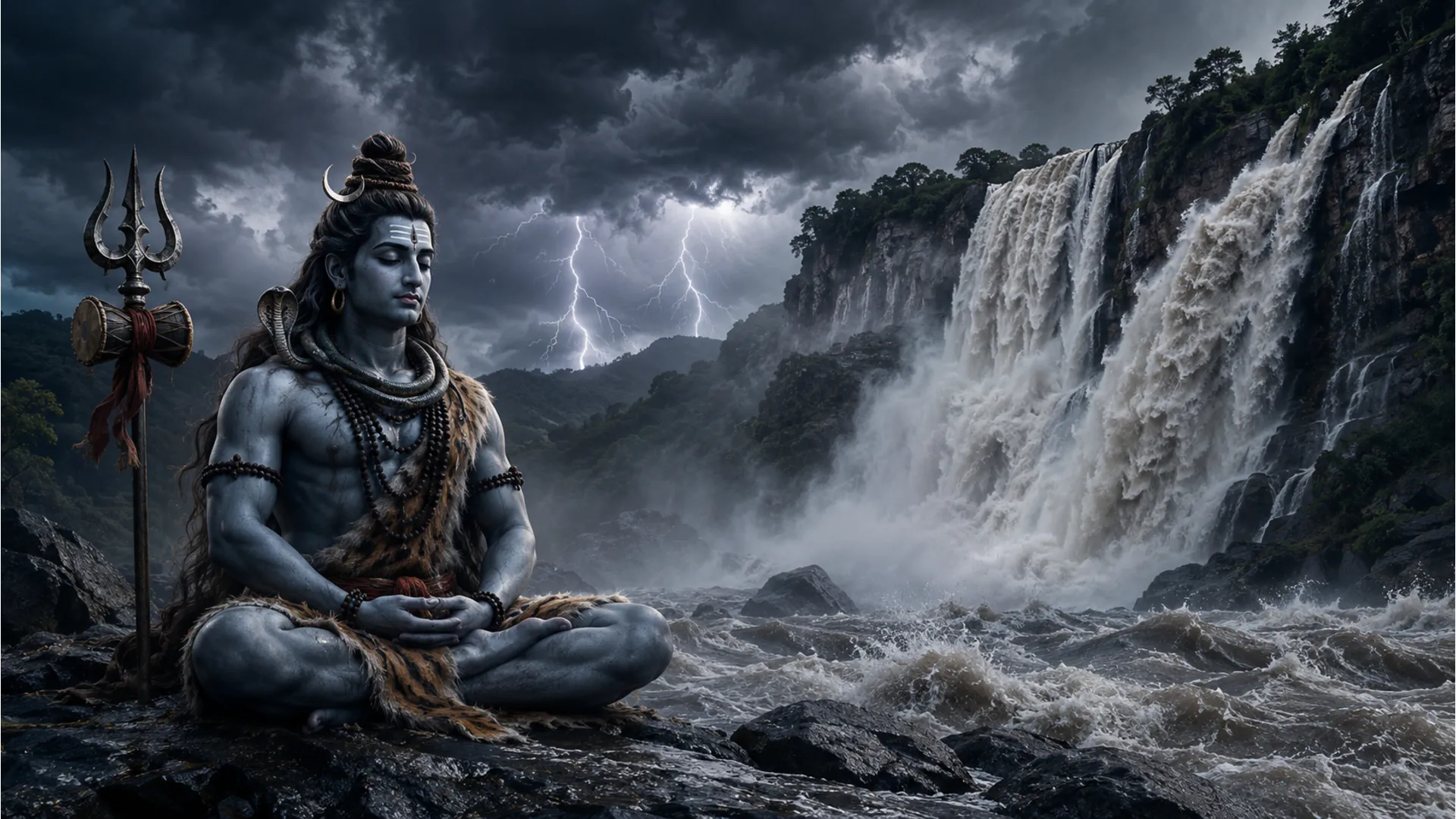 Lord Shiva remaining completely still above a roaring, powerful monsoon waterfall under dark skies