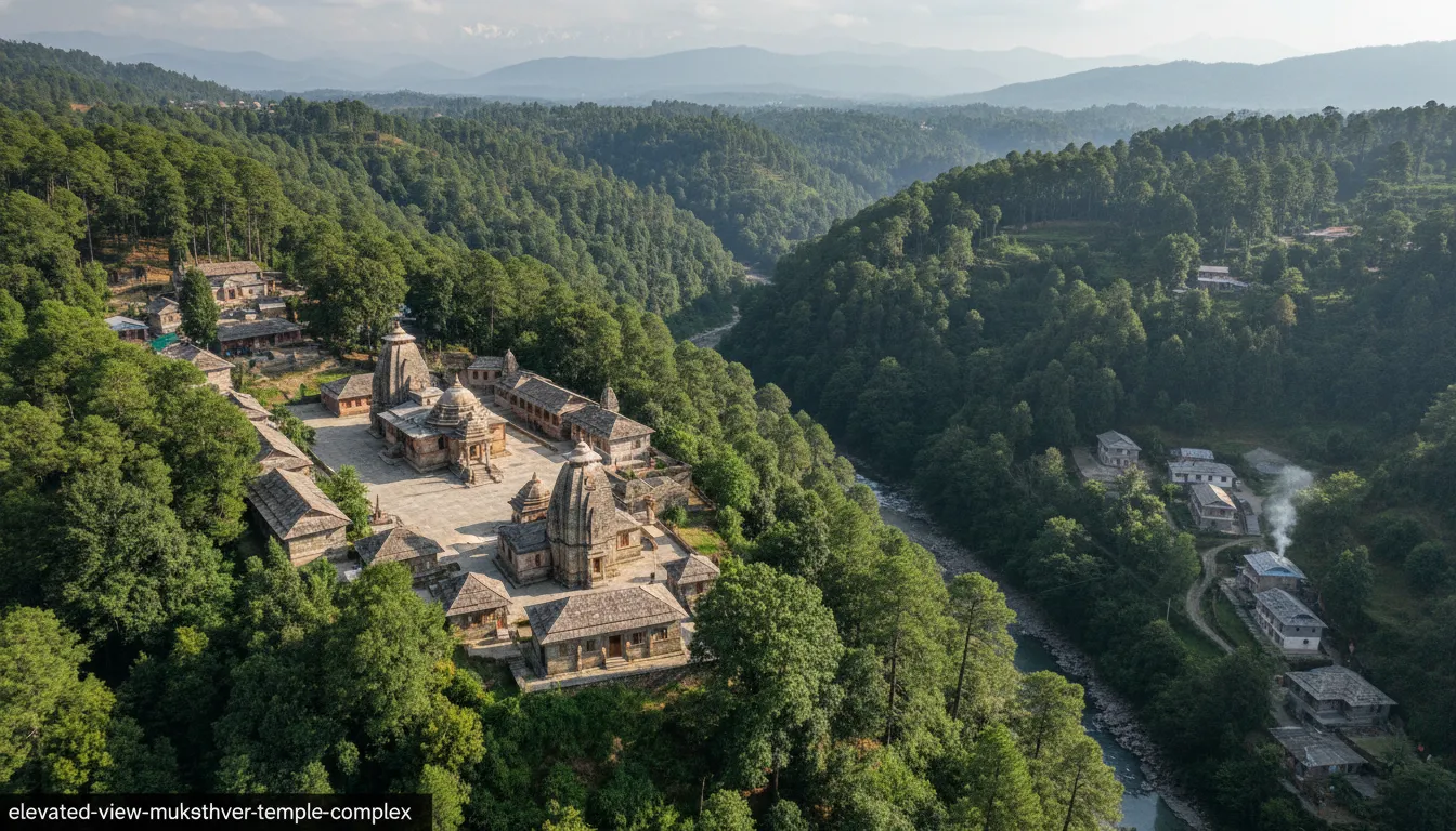 An elevated photo showing the entire Mukteshwar Mahadev Temple complex surrounded by lush green forests.