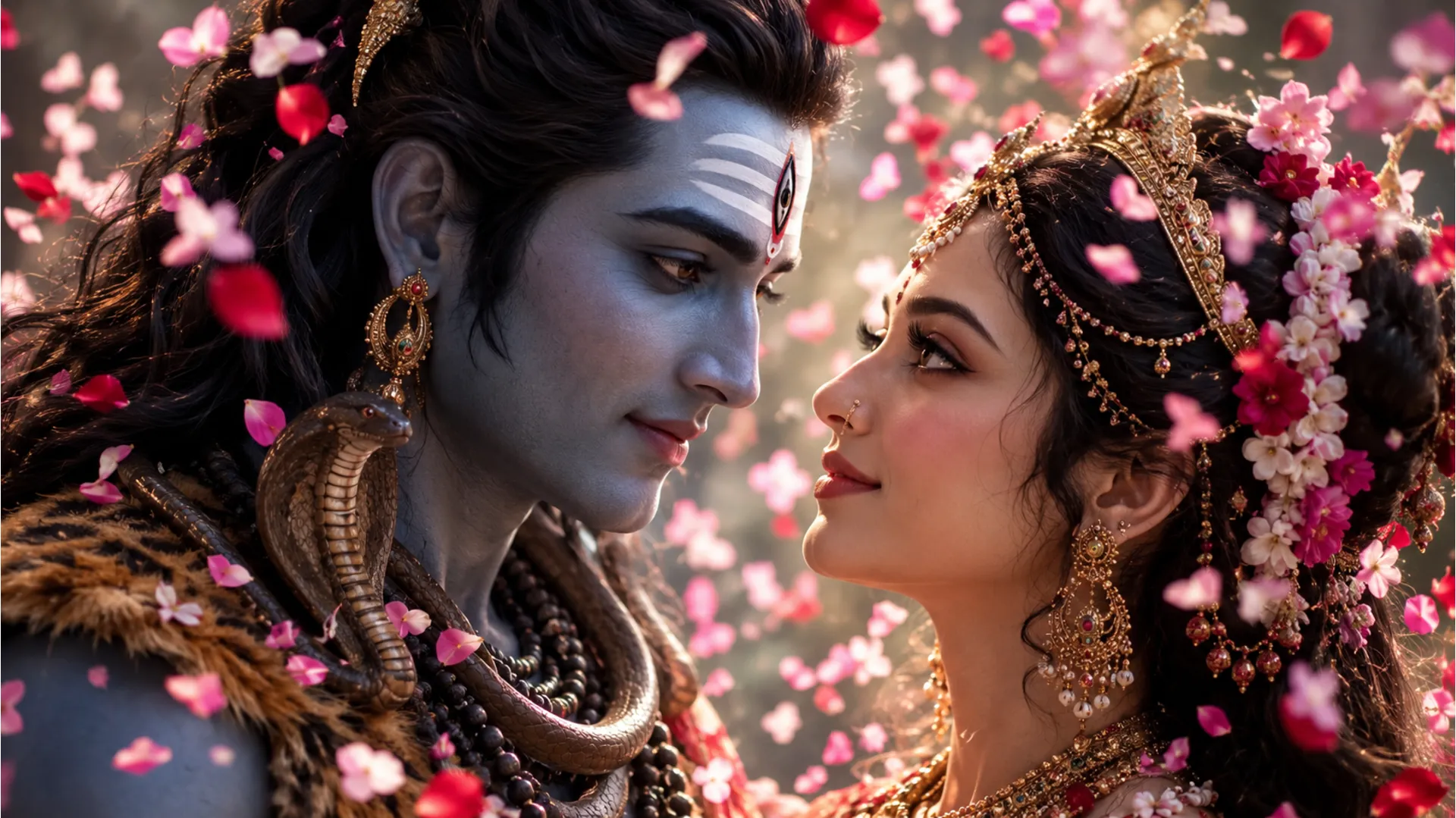 Close-up artistic view of Lord Shiva and Goddess Parvati gazing into each other's eyes.