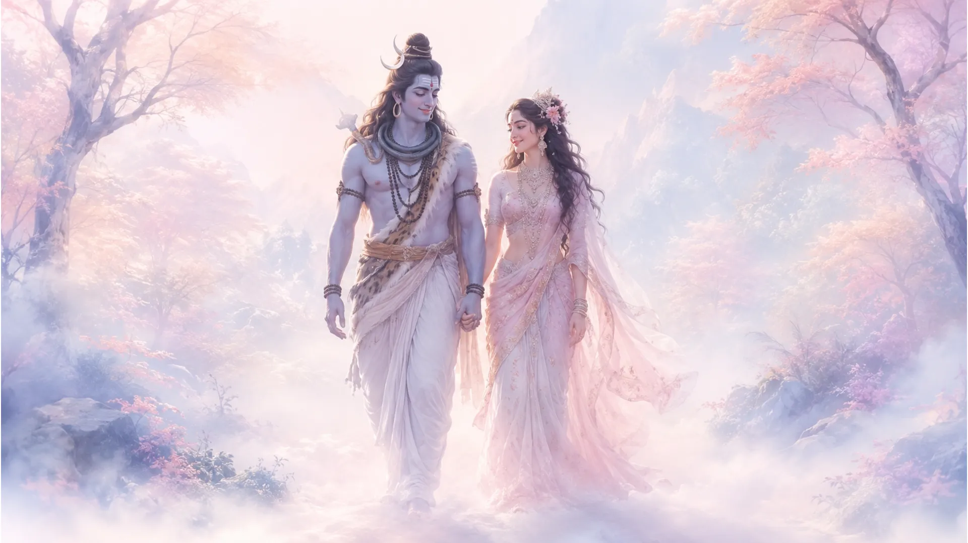 Shiva and Parvati walking hand in hand through a soft pastel colored misty woods