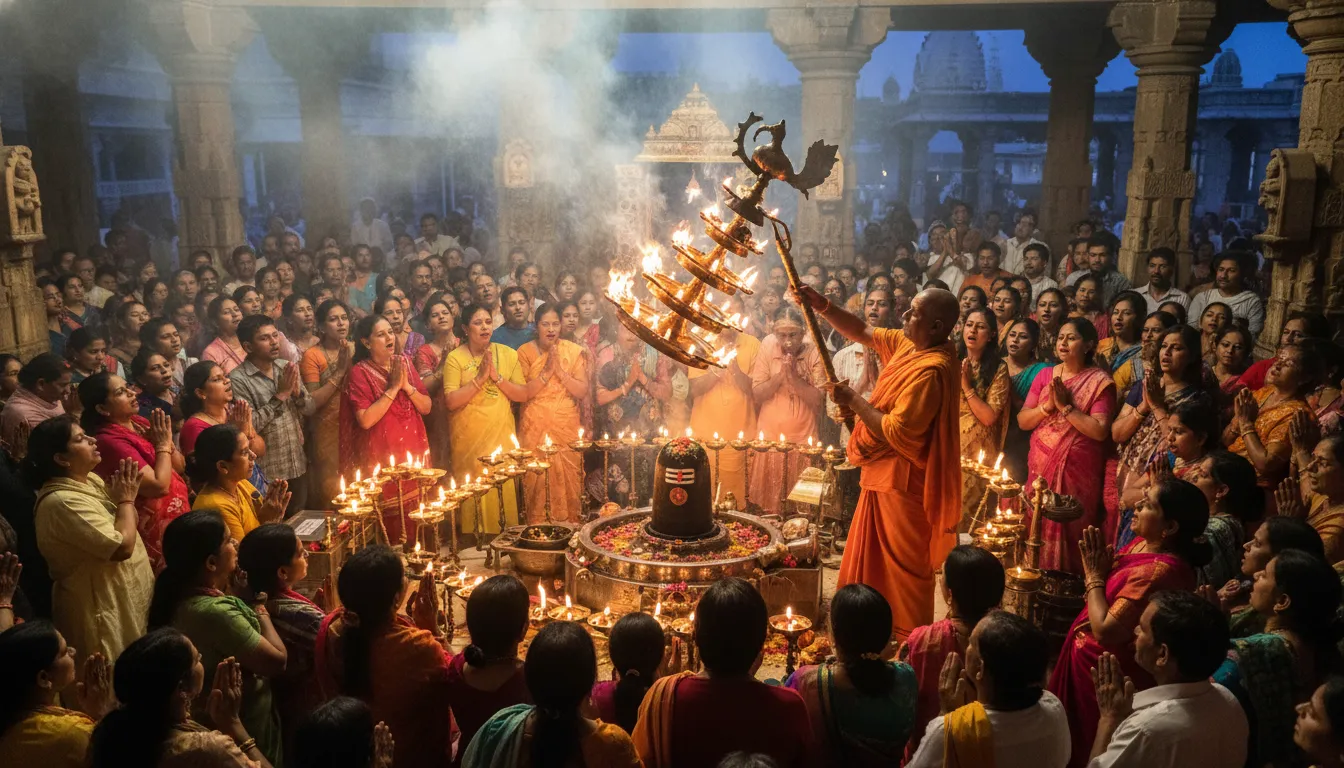 Devotees participating in the vibrant evening aarti ceremony at Mukteshwar Mahadev Temple.