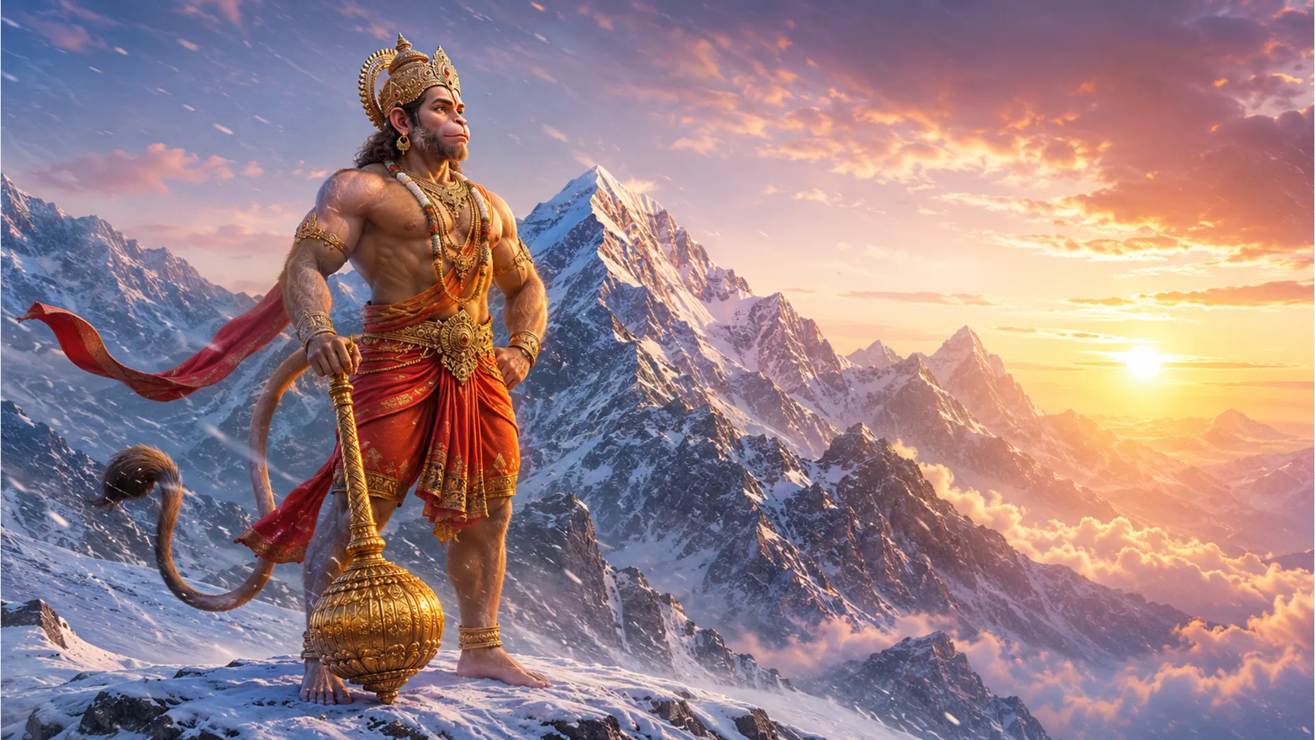 Fierce Lord Hanuman holding a golden mace standing amidst snow-covered Himalayan mountain peaks.