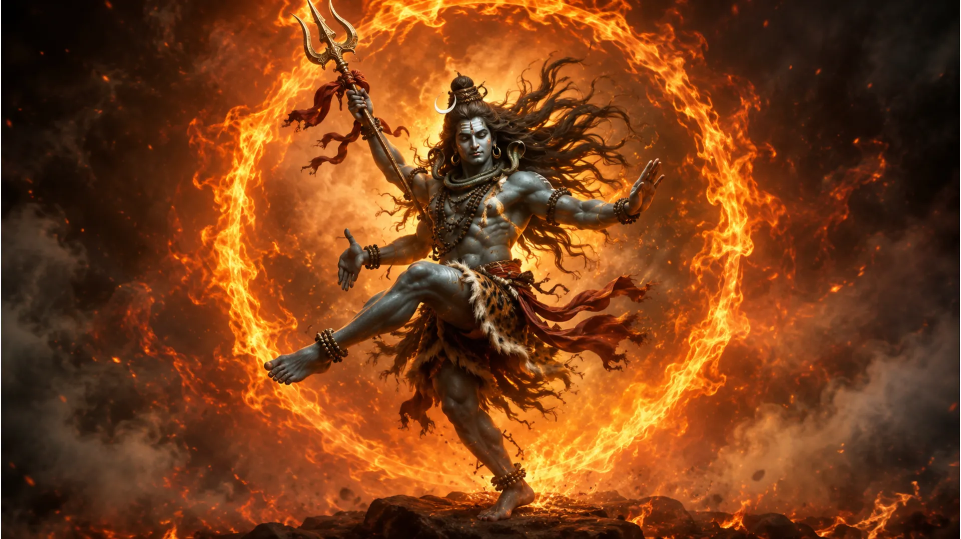 Lord Shiva performing the Tandava dance holding a powerful trident surrounded by divine fire.