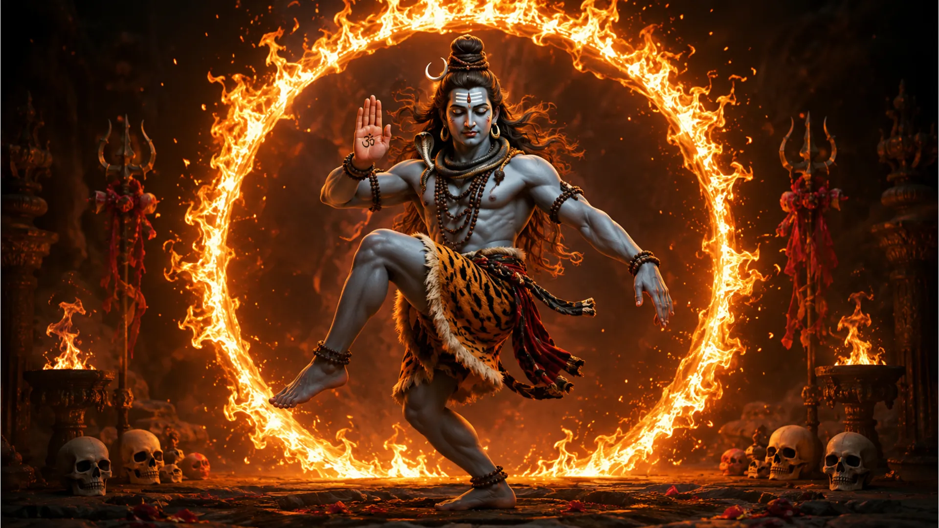 A man dressed as Lord Shiva poses in a dramatic dance stance with a fiery circular halo and decorative skull props around him.