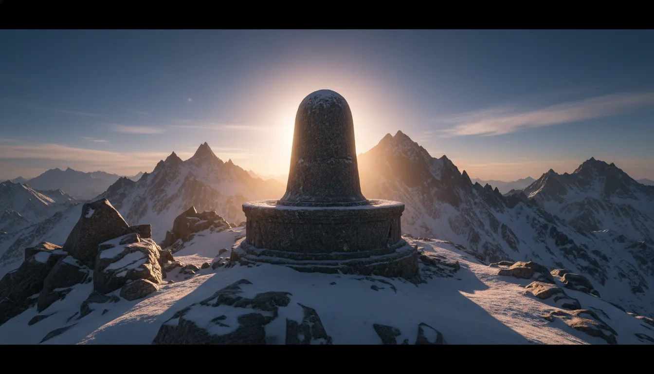 Distant view of the towering natural stone Shivalinga of Shrikhand Mahadev against the sky
