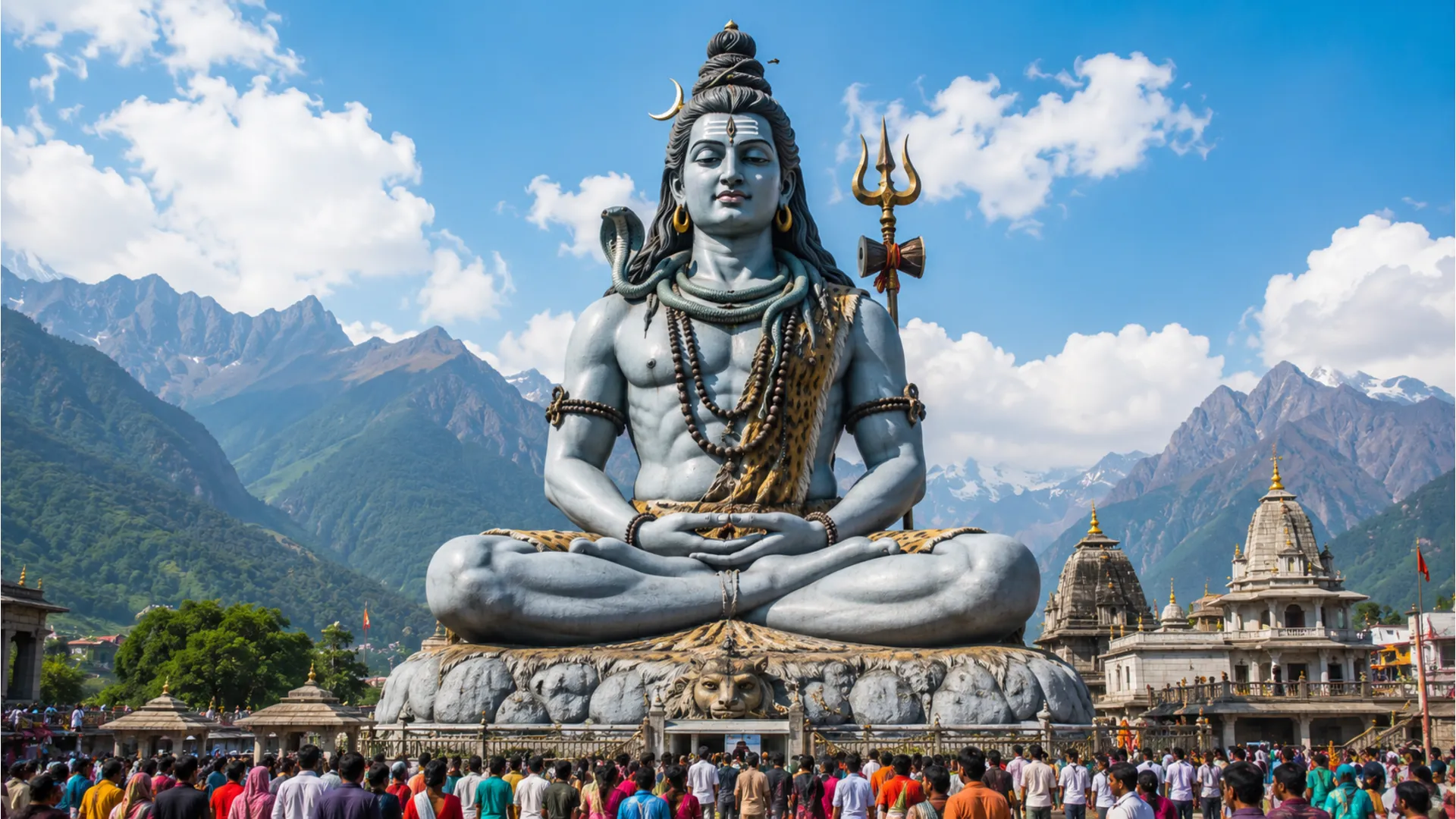 Shiva statue sitting on floating rock island with clouds and surreal background