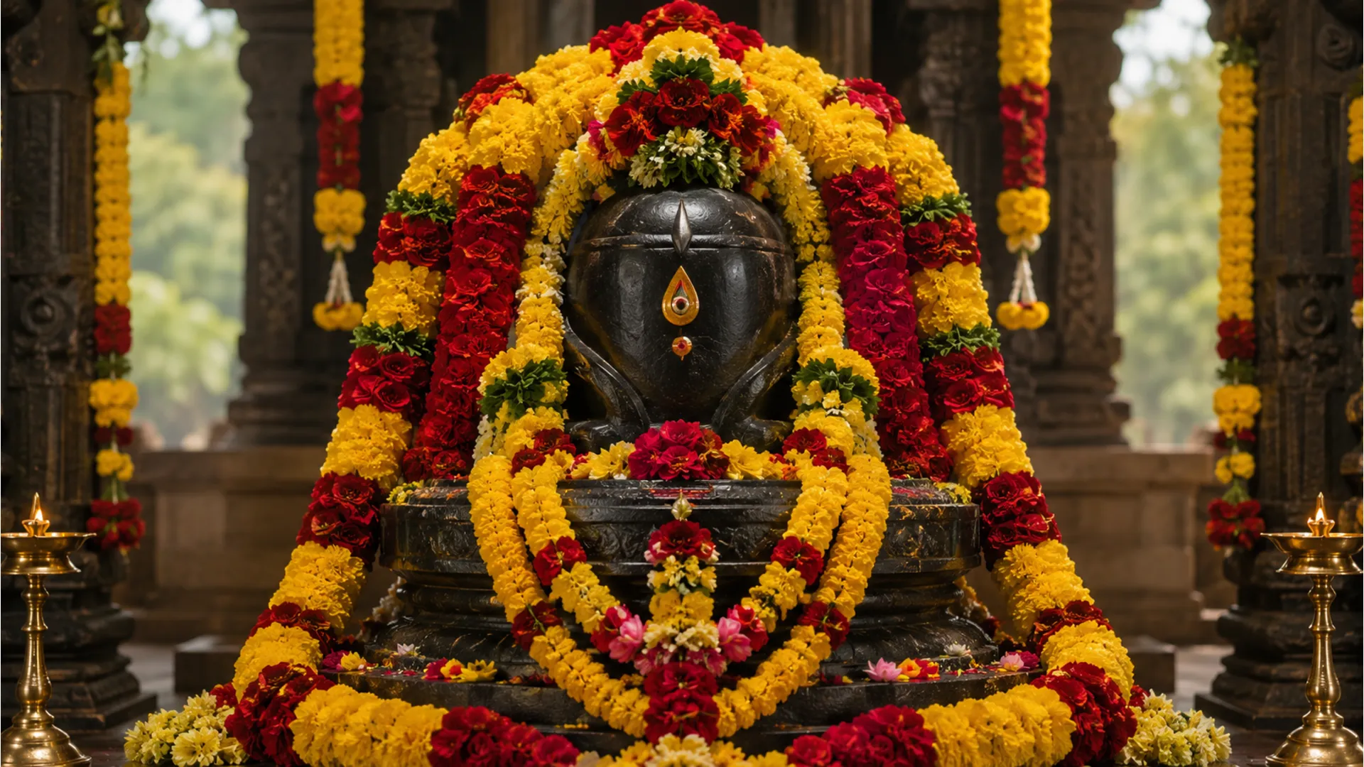 black stone shrine heavily decorated with yellow and red flower garlands