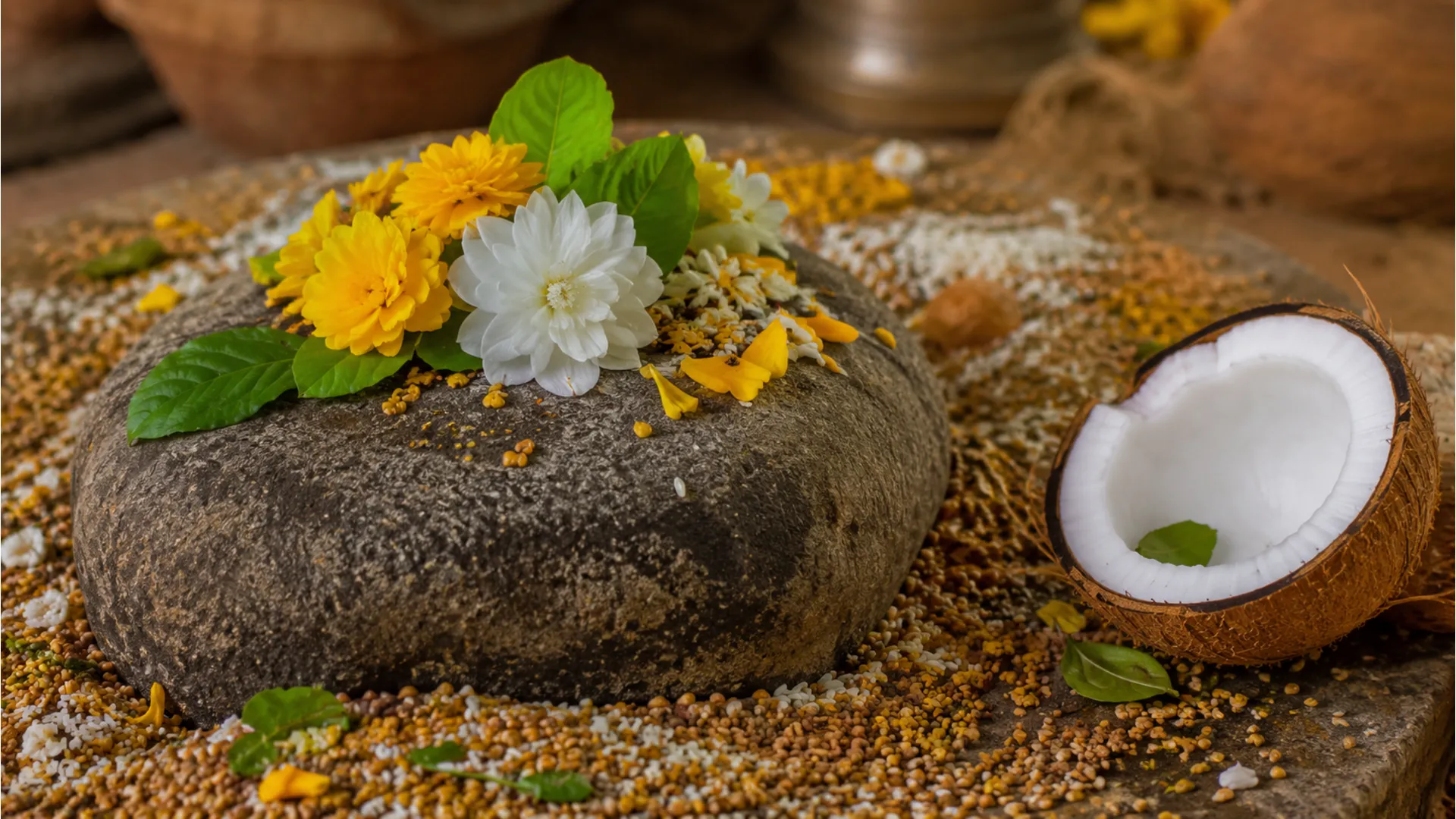 Stone shrine decorated with flowers, leaves, rice grains, and coconut