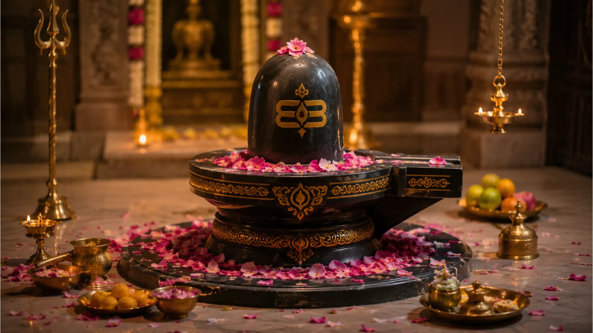 black shrine with golden design surrounded by pink flowers in temple