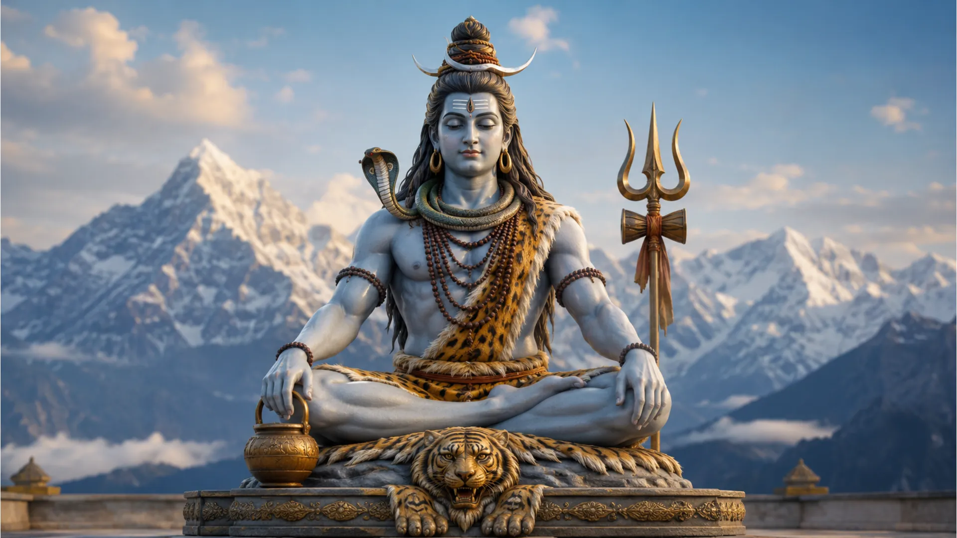 Full-body Shiva statue seated with tiger skin cloth and ritual pot
