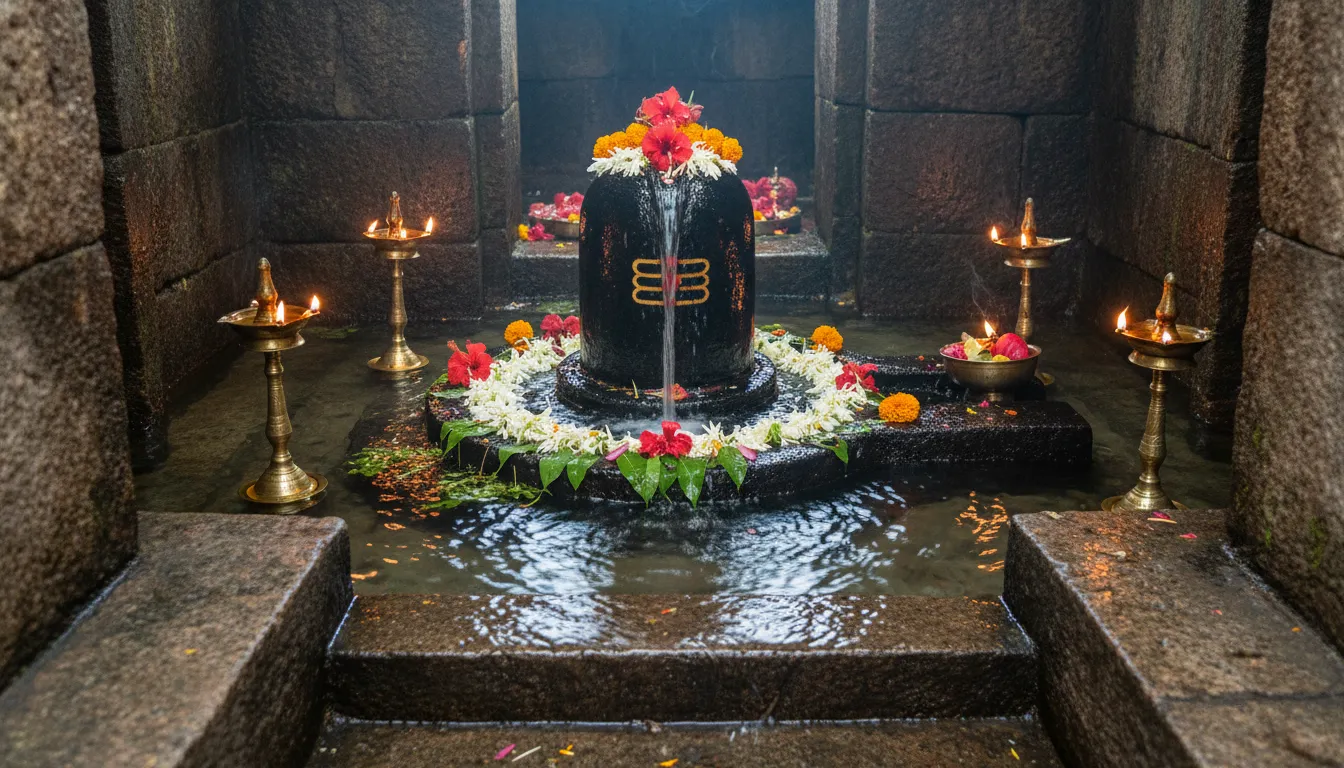 Sacred Shiva Lingam inside the lower-level sanctum of Galteshwar Mahadev