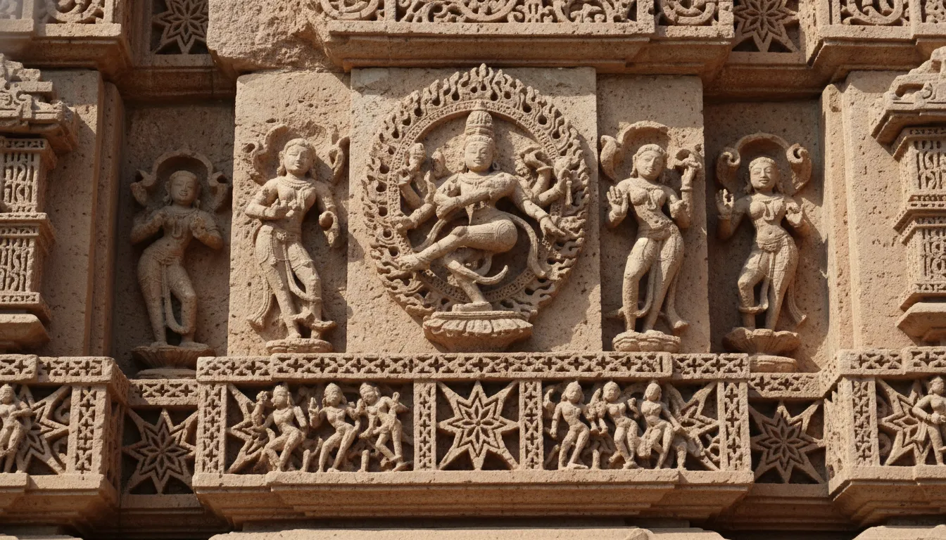 Detailed stone carvings of gods and human figures on Galteshwar temple walls