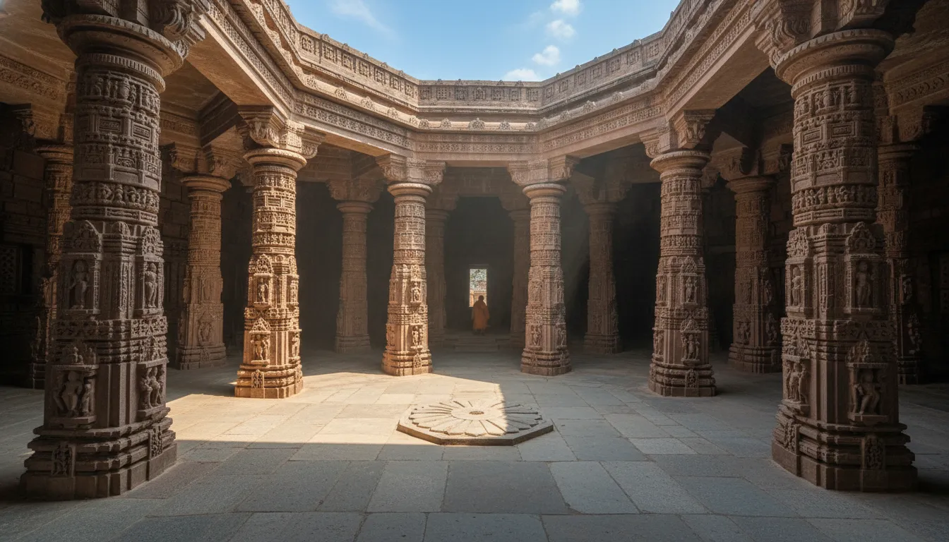 Inside view of Galteshwar Mahadev temple mandapa with carved pillars