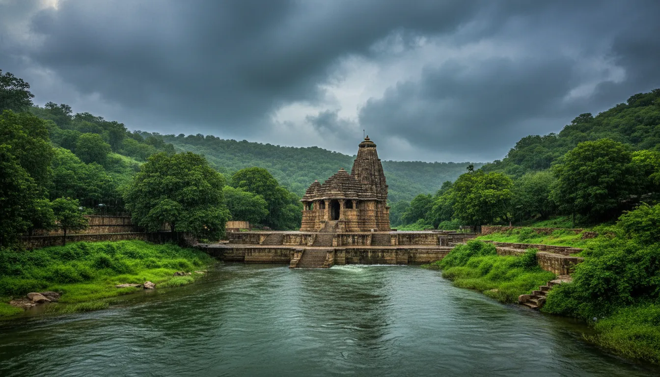 Lush green surroundings of Galteshwar Mahadev temple during monsoon