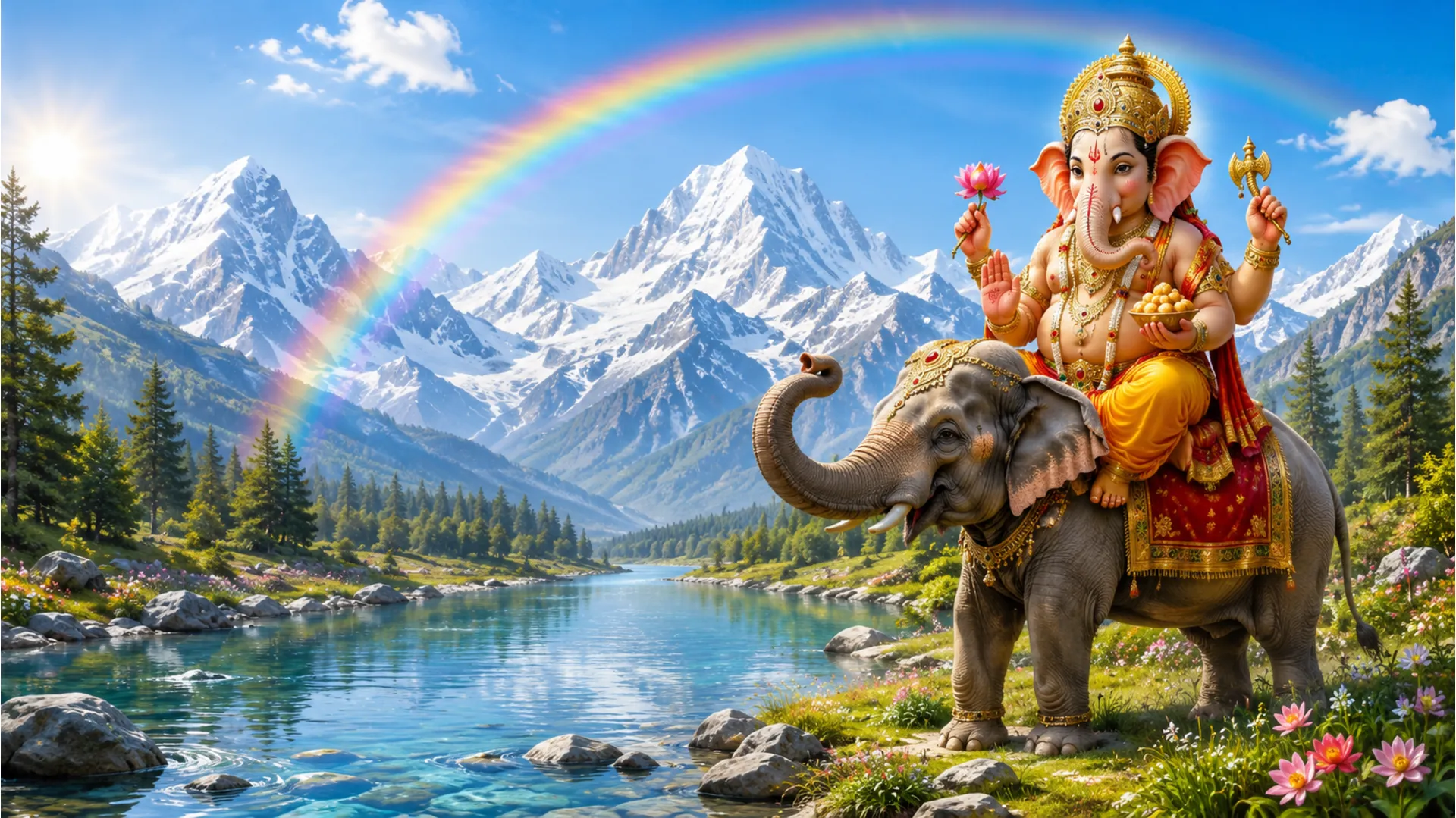 Lord Ganesha on elephant next to a flowing river with snow peaks and rainbow