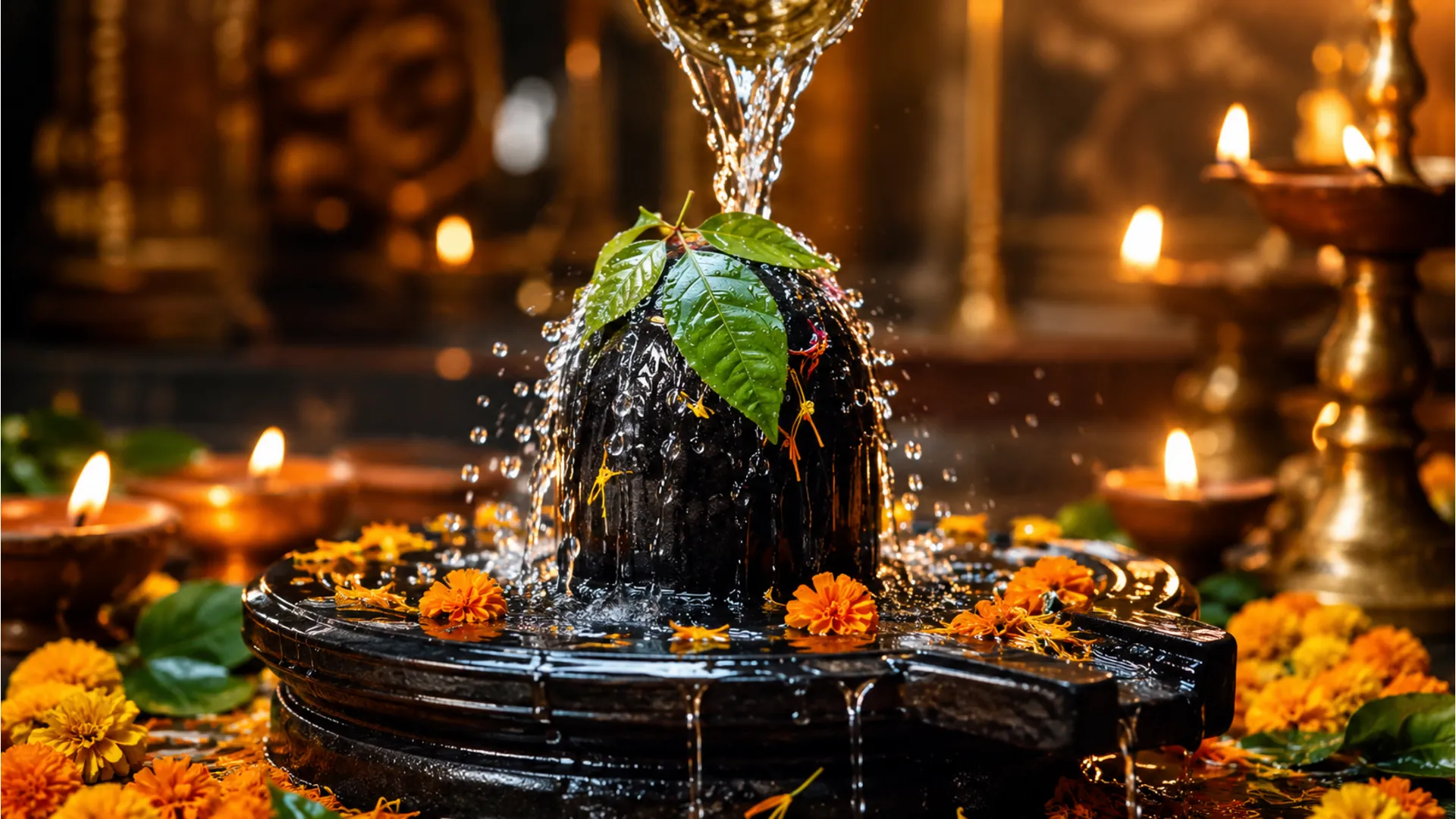 Close up shot of water offering on Shiva Lingam full HD wallpaper 1080p with fresh bilva leaves.
