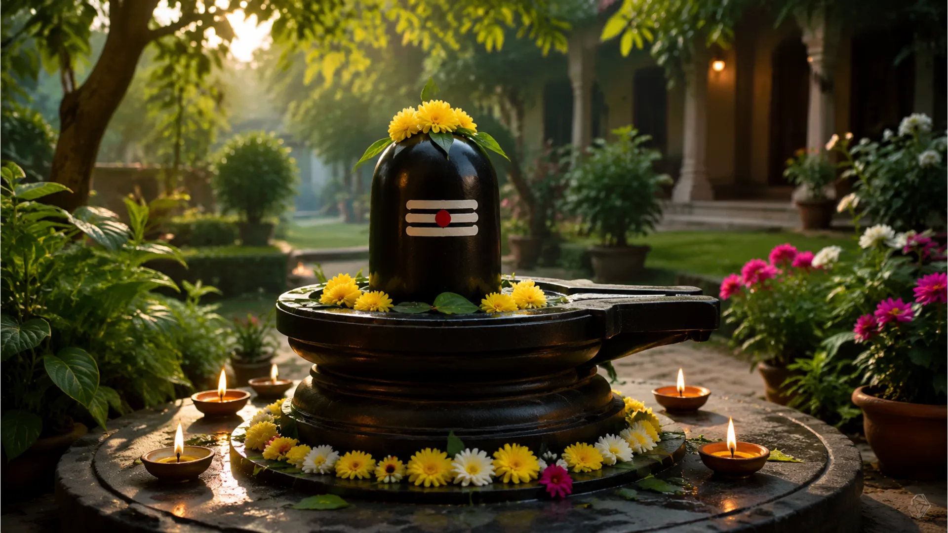 shiva lingam in garden setting with flowers and oil lamps