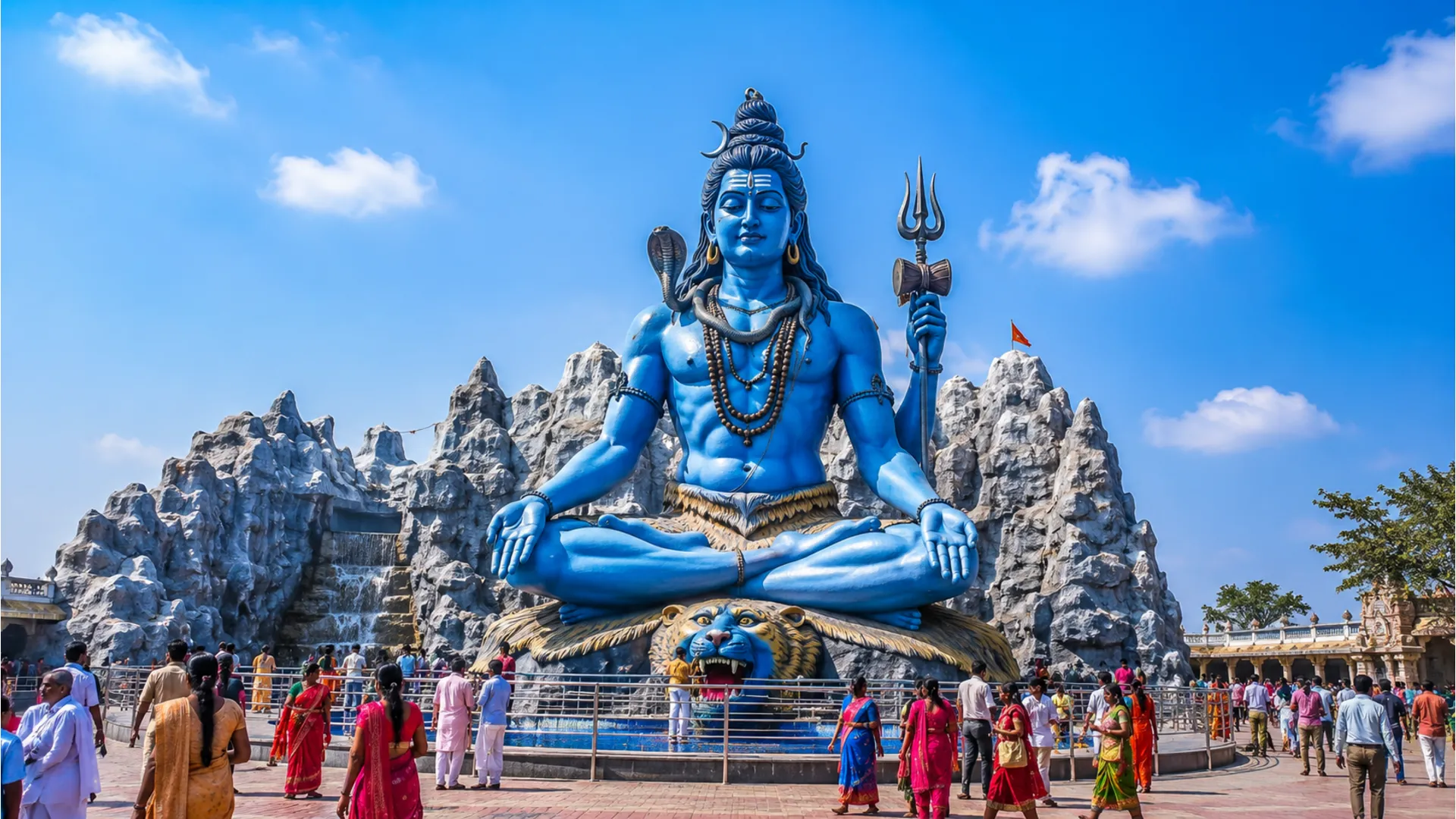 Large outdoor statue of Lord Shiva with visitors gathered around in an open area.
