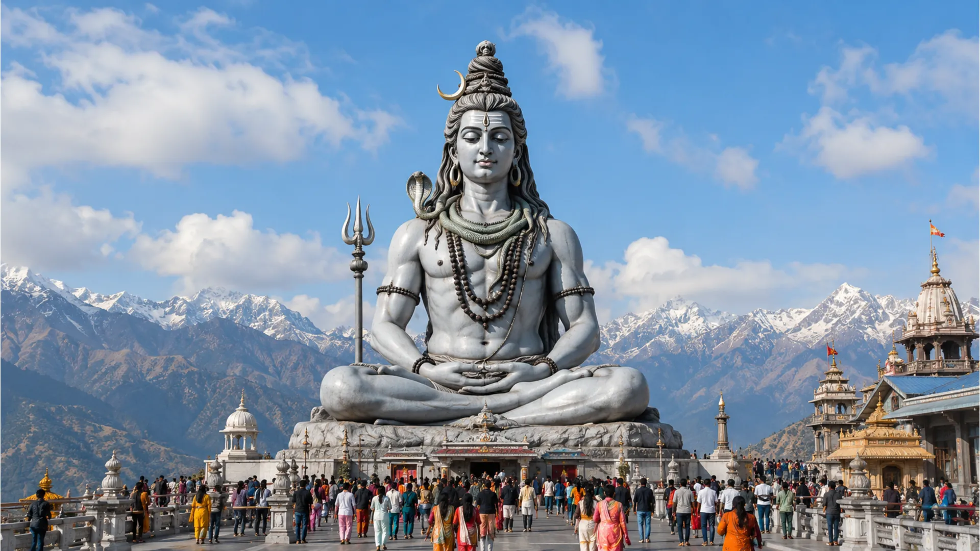Large Shiva statue outdoors with people gathered around temple area