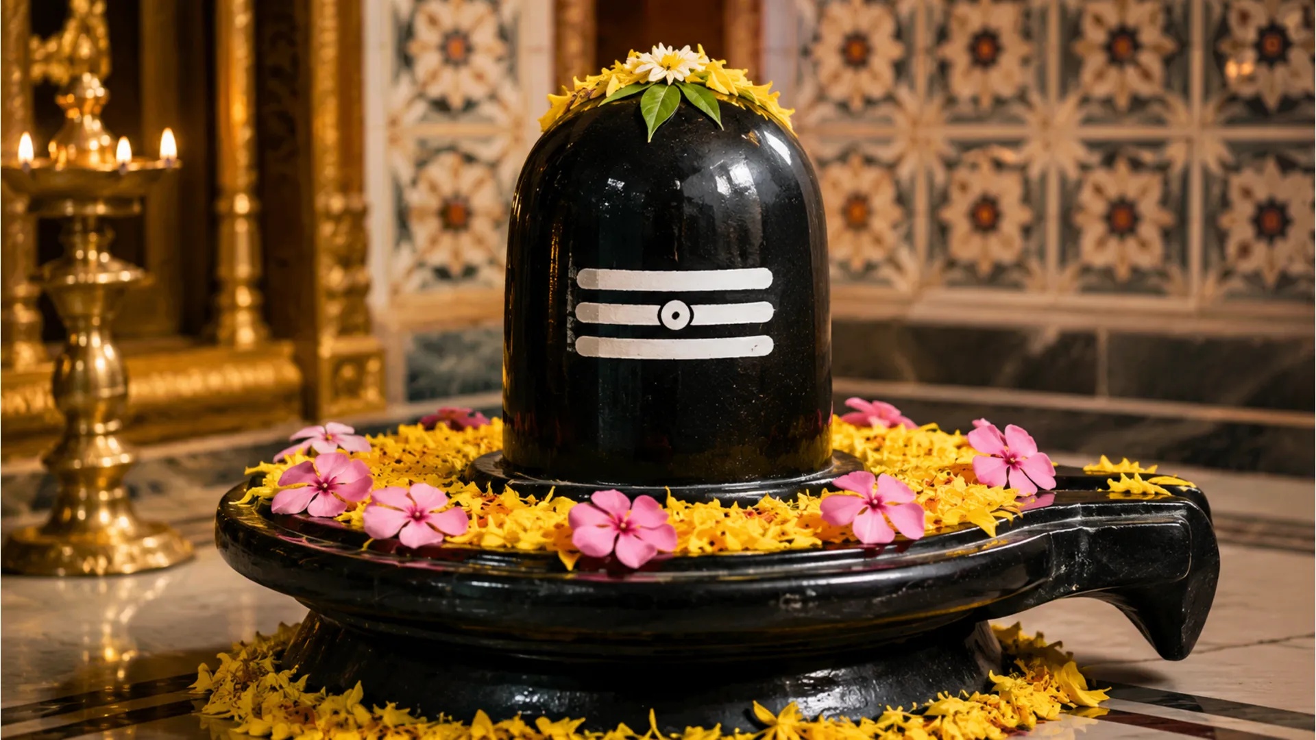 black polished shrine with white markings surrounded by yellow and pink flowers