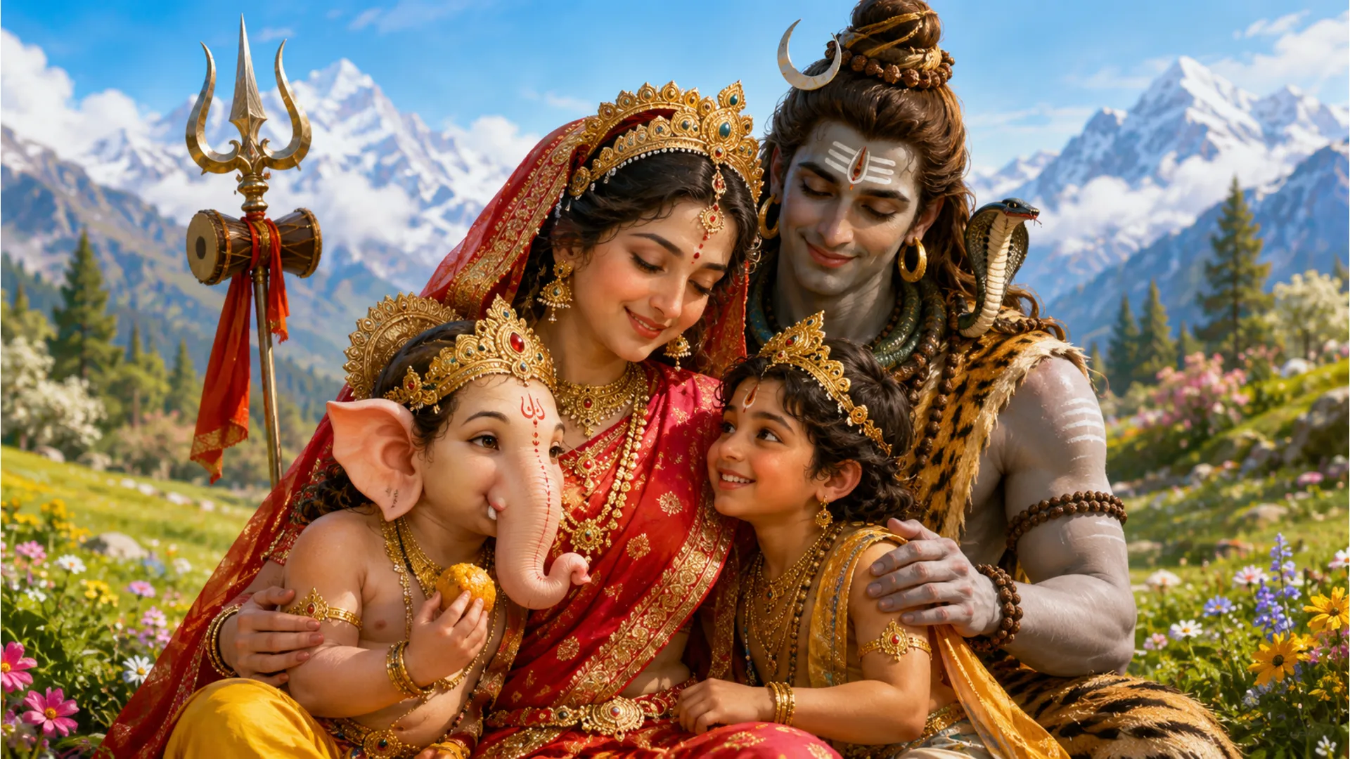 Mata Parvati embracing baby Ganesha and young Kartikeya while Lord Shiva smiles