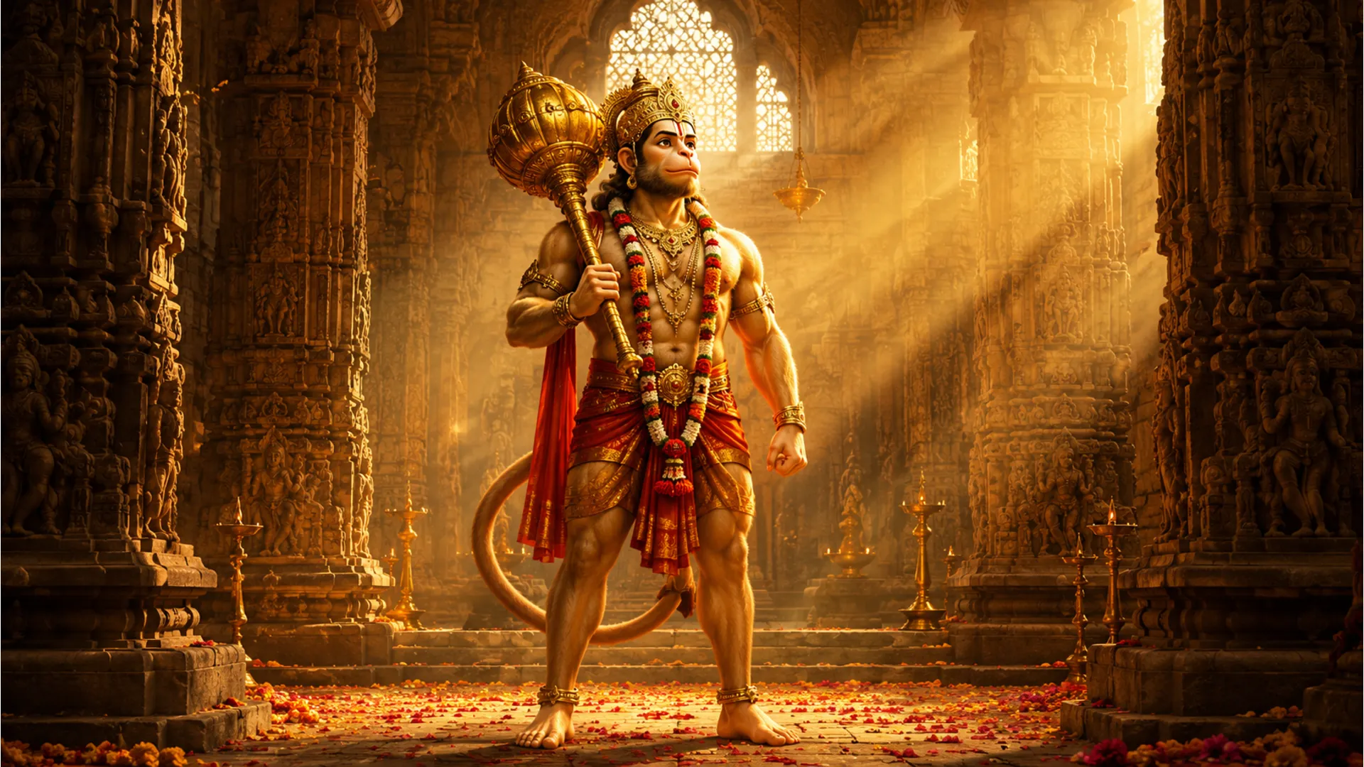 Lord Hanuman standing with a mace inside an ancient stone temple filled with golden sunlight beams.