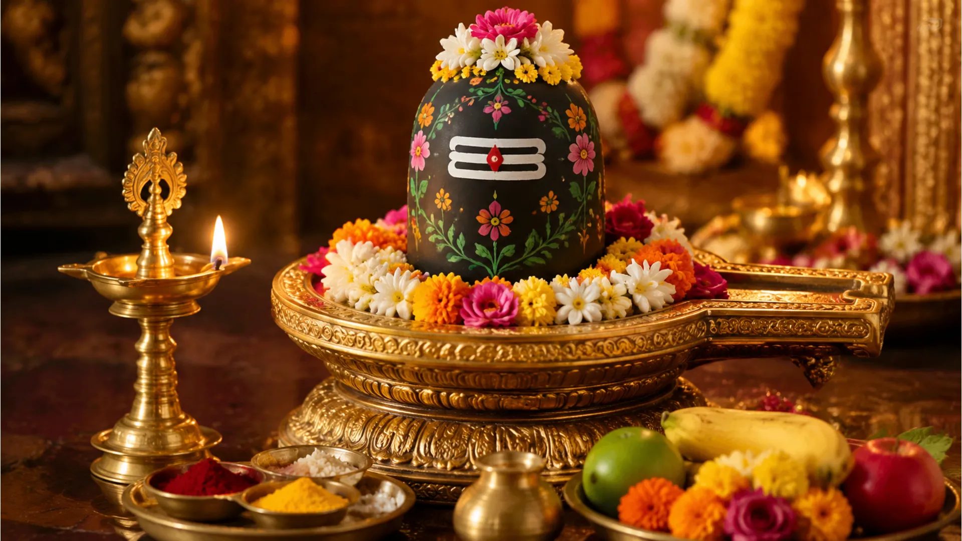 decorated shiva lingam with golden base flowers and lit oil lamp in temple