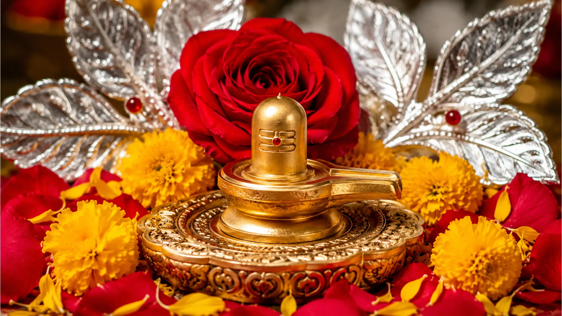 small golden shiva lingam with red rose and silver decorative leaves on colorful base