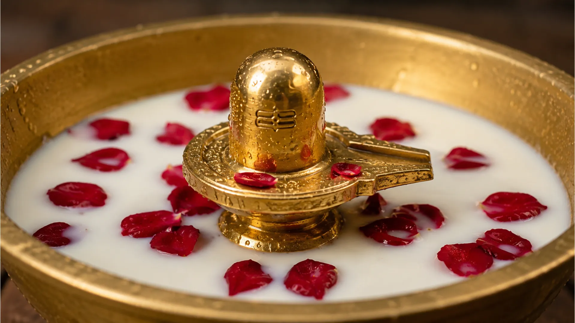 golden shiva lingam covered with red rose petals placed in milk filled bowl