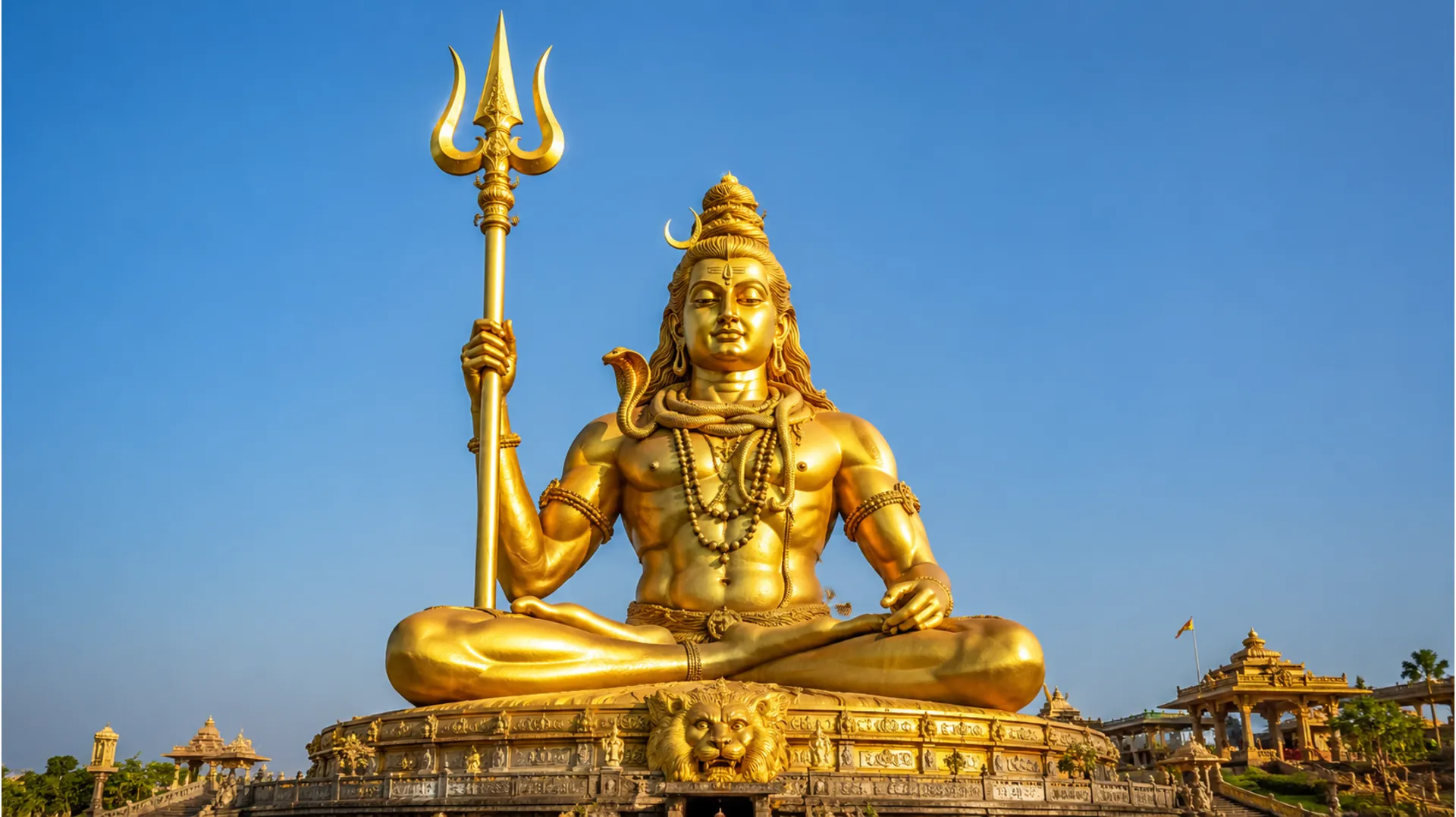 A massive golden statue of Lord Shiva holding a trident against a clear blue sky.