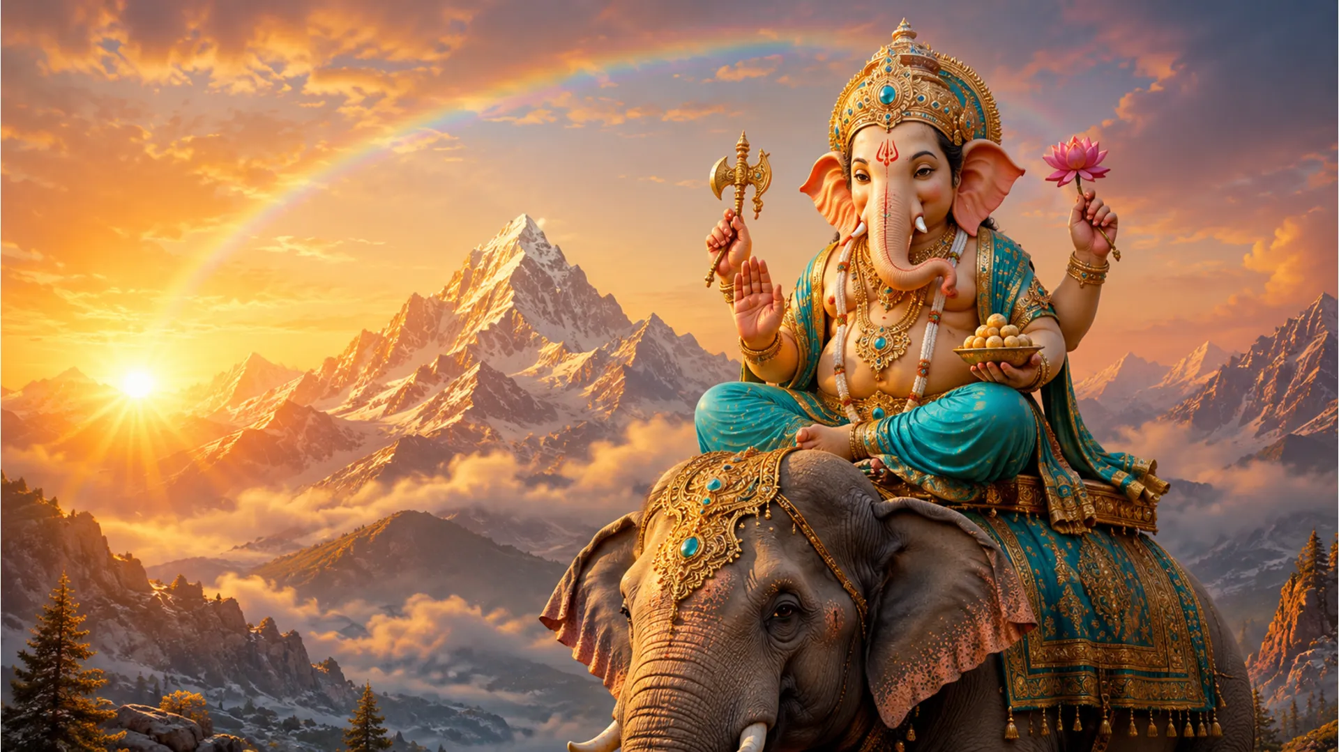 Lord Ganesha on elephant during golden sunrise with soft rainbow and mountains