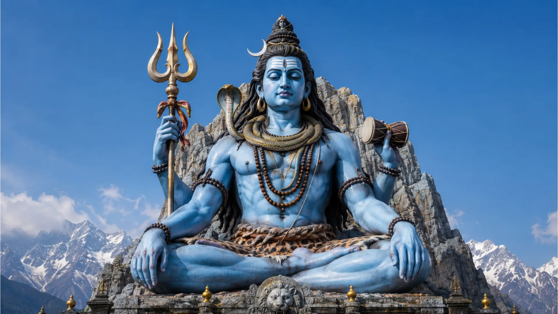 A large blue statue of Lord Shiva sits in a meditative pose holding a trident.