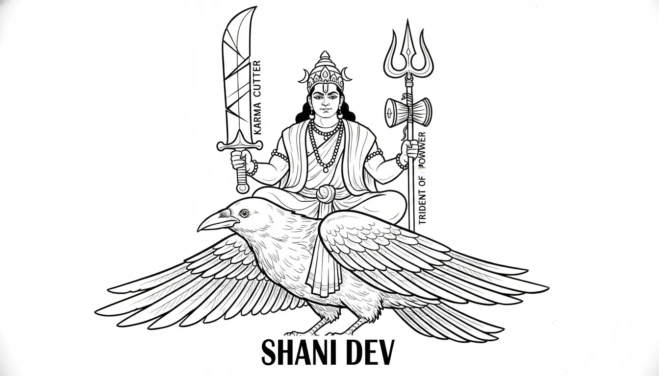 shani dev on crow holding iron sword and trident detailed line art