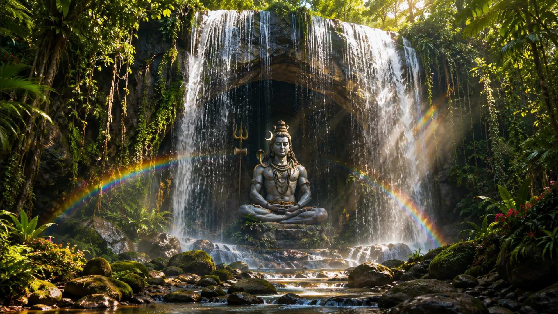 Lord Shiva meditating inside a hidden emerald cave sanctuary with a secret waterfall