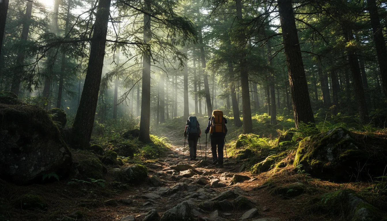 Trekkers walking along a narrow trail inside a dense pine forest on Shrikhand trek