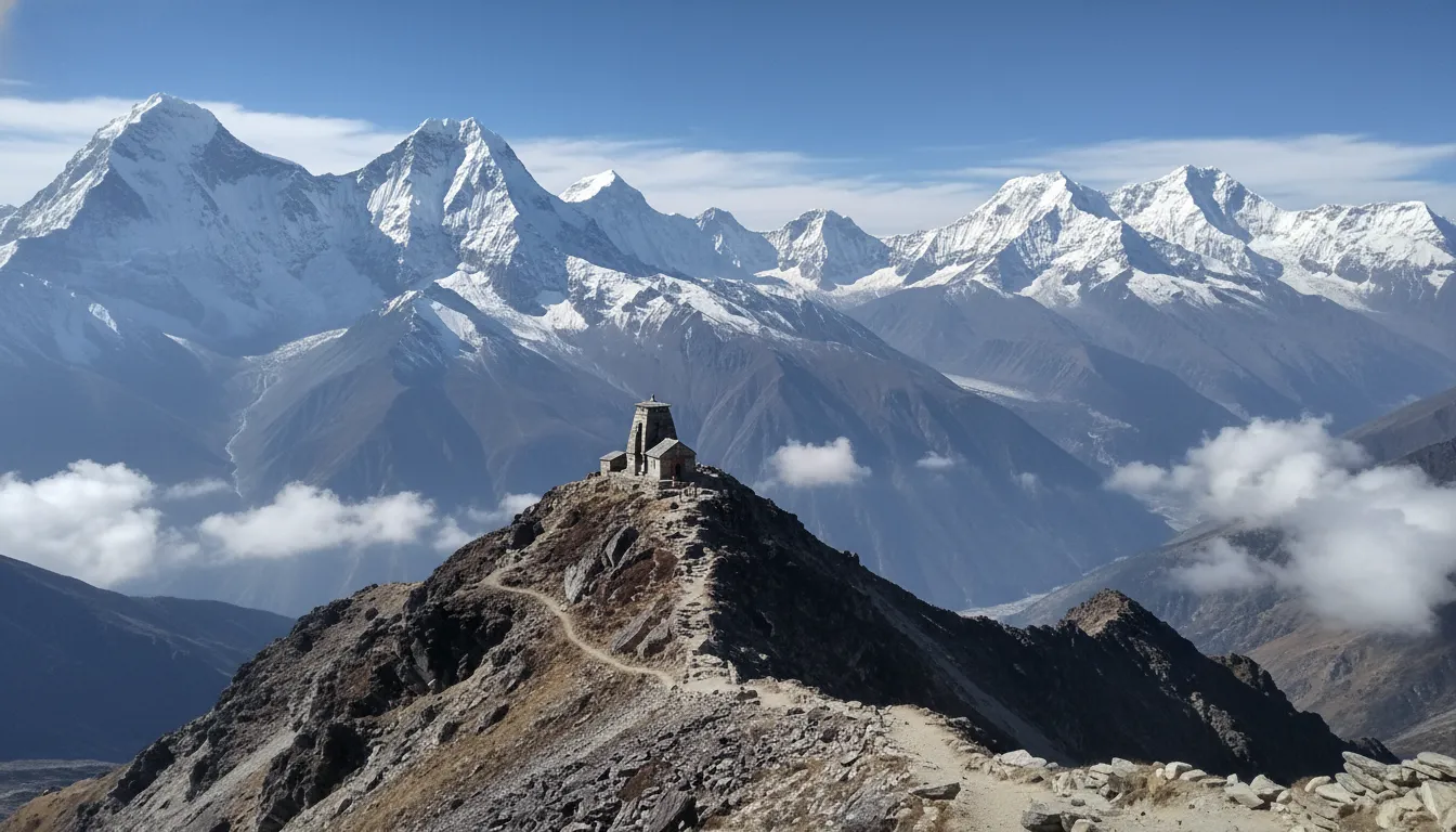 The distant, snow-capped Himalayan peaks seen from a viewpoint near Mukteshwar Mahadev Temple.