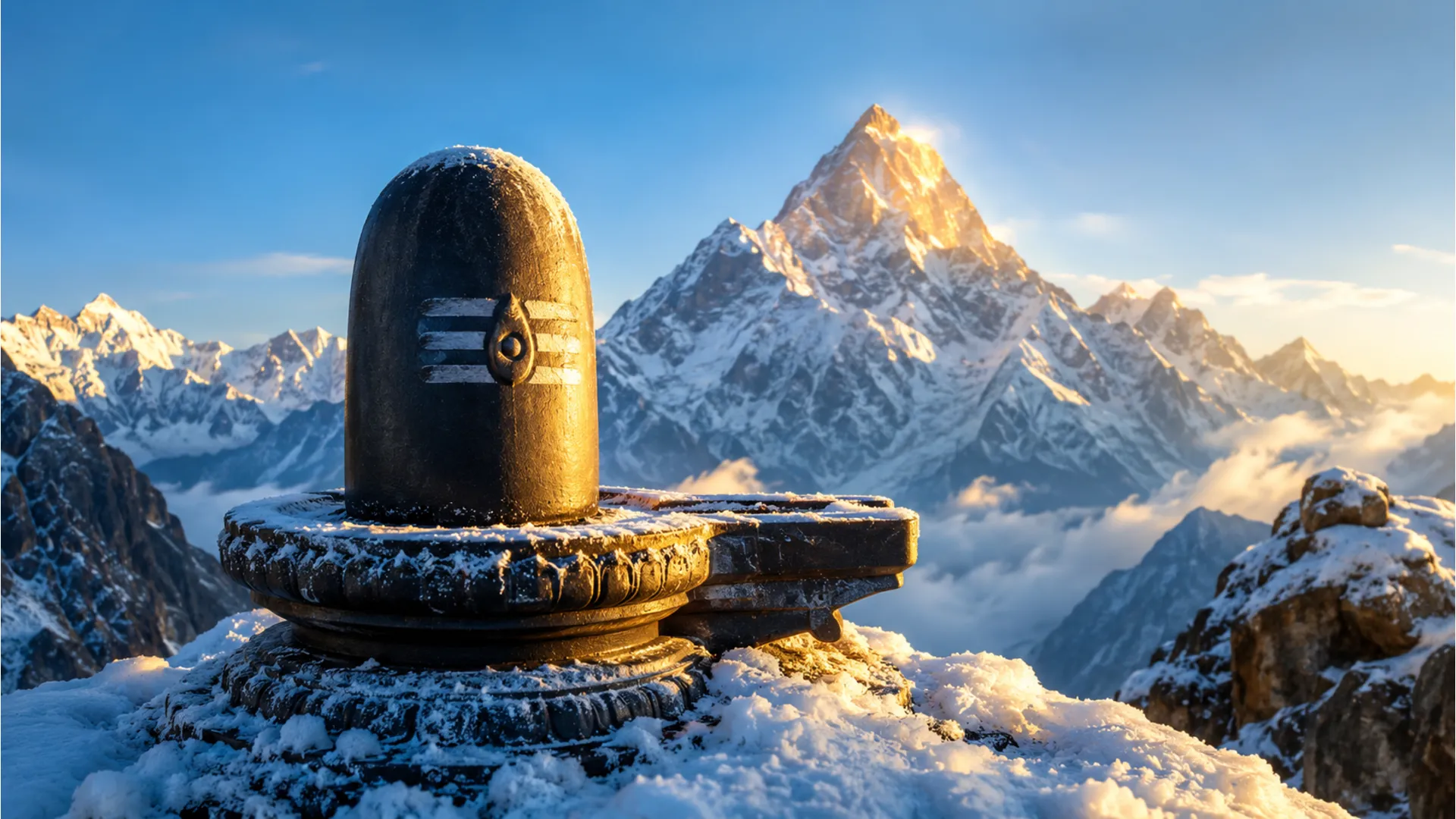 Full HD Shiva Lingam HD wallpapers 1080p carved in stone surrounded by snow-capped Mount Kailash mountains.